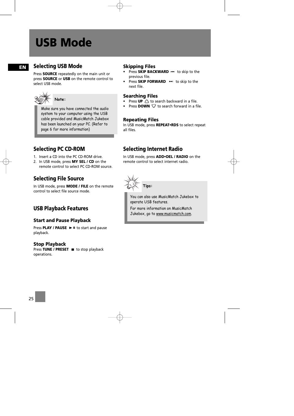 Usb mode, Selecting usb mode, Selecting pc cd-rom | Selecting file source, Usb playback features, Selecting internet radio | Technicolor - Thomson CS580 User Manual | Page 27 / 34