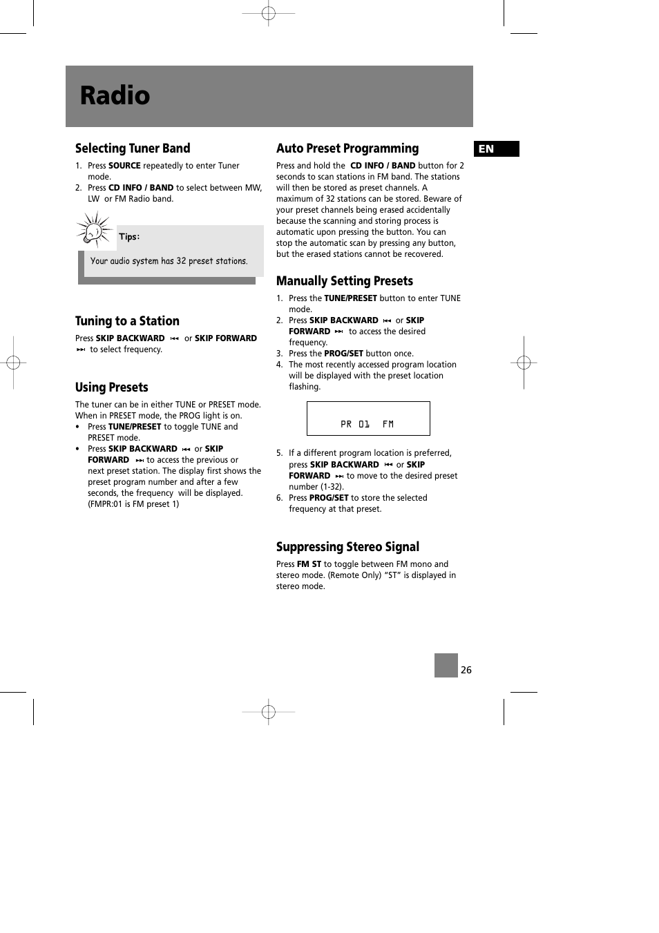 Radio, Selecting tuner band, Tuning to a station | Using presets, Auto preset programming, Manually setting presets, Suppressing stereo signal | Technicolor - Thomson CS580 User Manual | Page 28 / 34