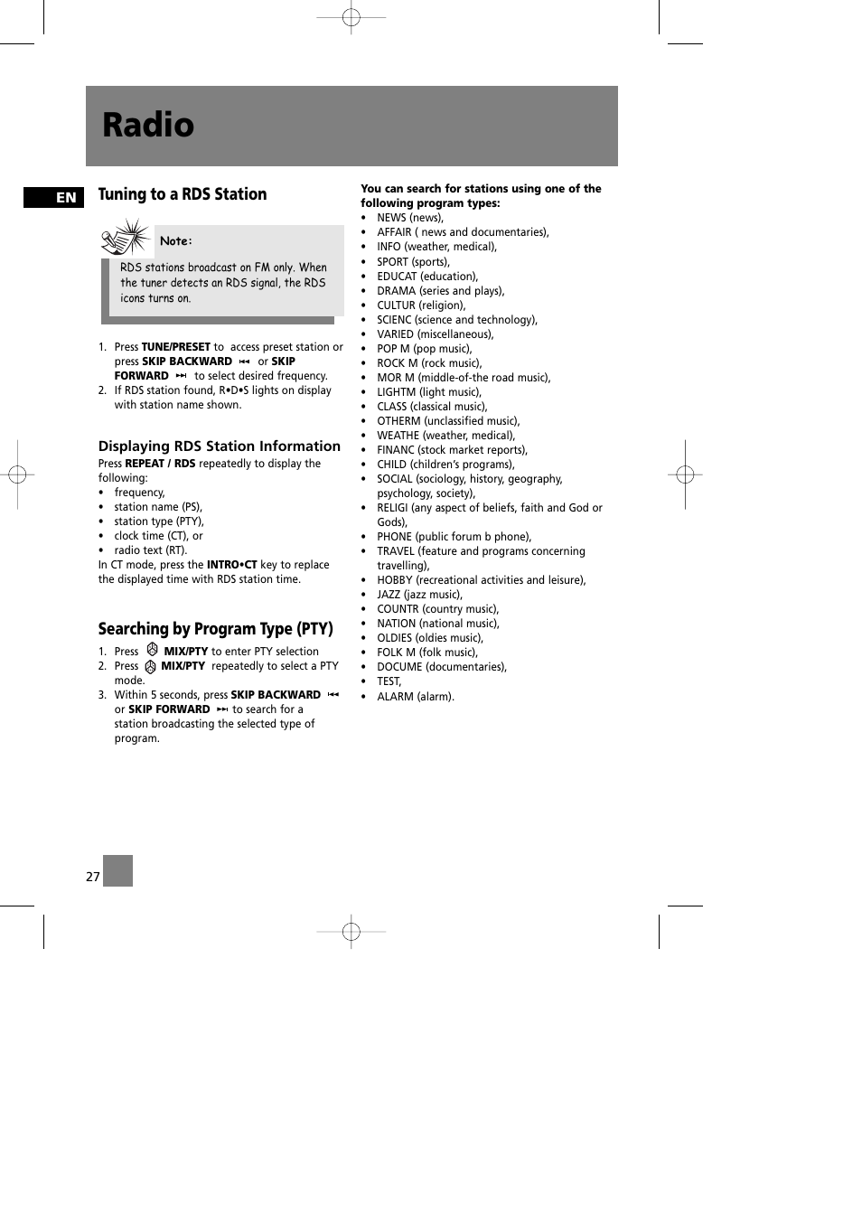 Radio, Tuning to a rds station, Searching by program type (pty) | Technicolor - Thomson CS580 User Manual | Page 29 / 34