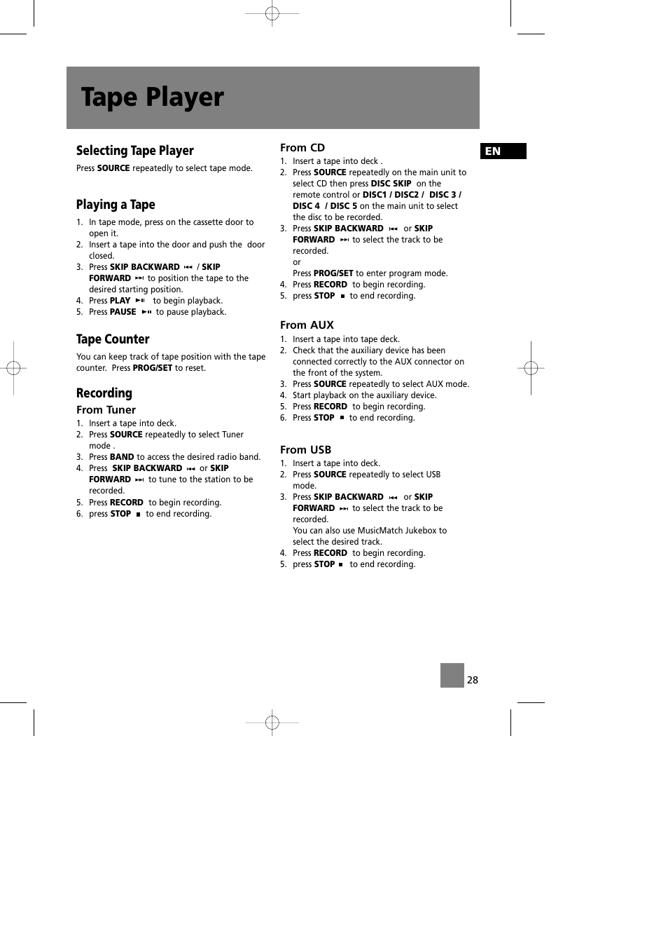 Tape player, Selecting tape player, Playing a tape | Tape counter, Recording | Technicolor - Thomson CS580 User Manual | Page 30 / 34