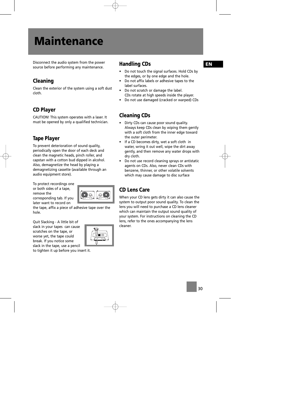 Maintenance, Cleaning, Cd player | Tape player, Handling cds, Cleaning cds, Cd lens care | Technicolor - Thomson CS580 User Manual | Page 32 / 34