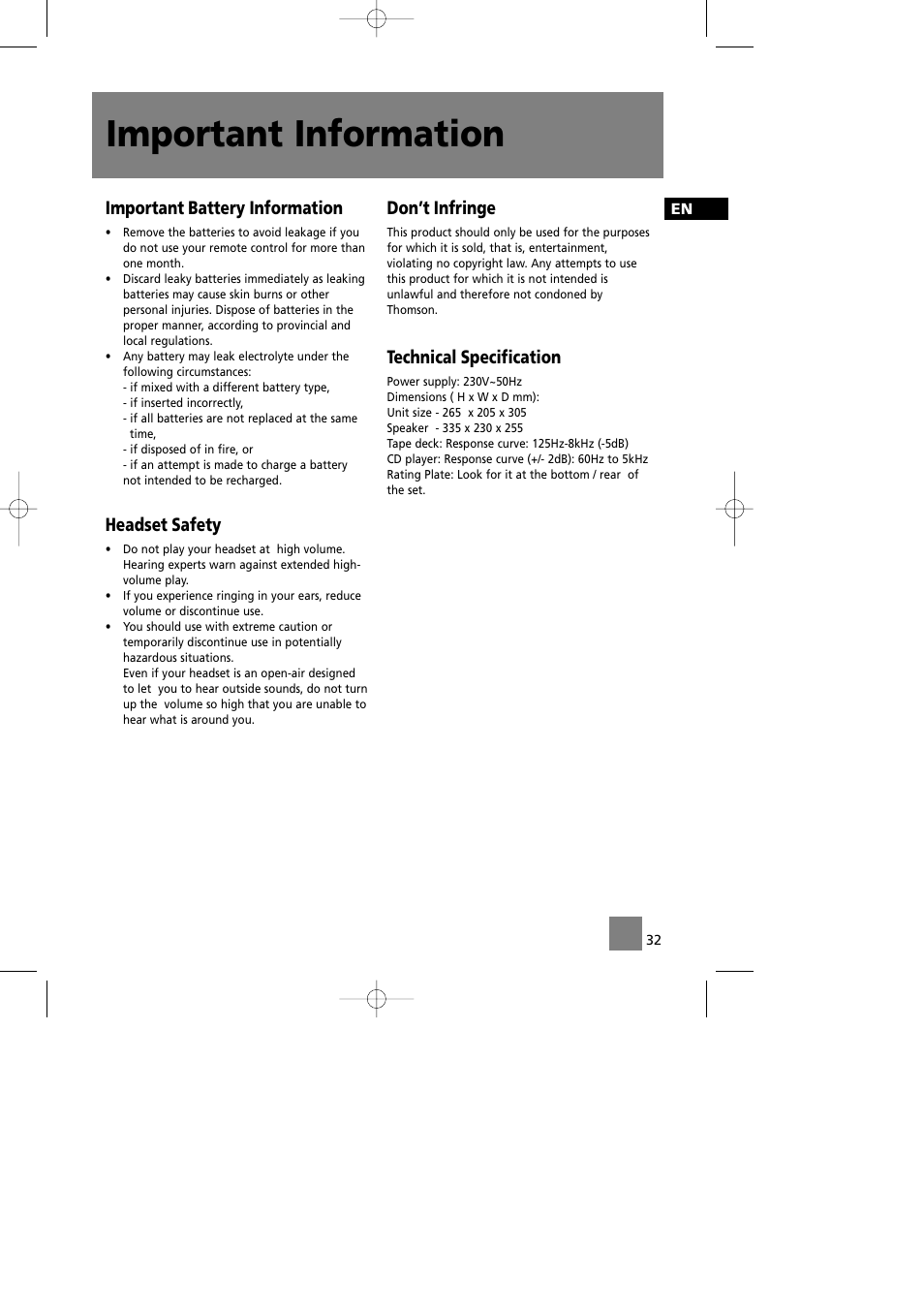 Important information, Important battery information, Headset safety | Don’t infringe, Technical specification | Technicolor - Thomson CS580 User Manual | Page 34 / 34