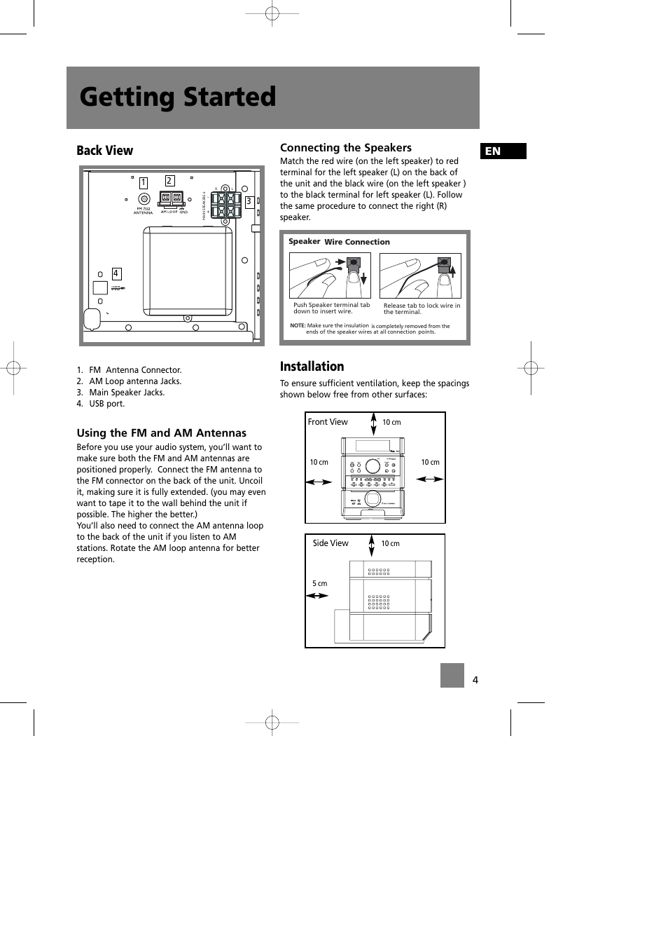 Getting started, Back view, Installation | Using the fm and am antennas, Connecting the speakers | Technicolor - Thomson CS580 User Manual | Page 6 / 34