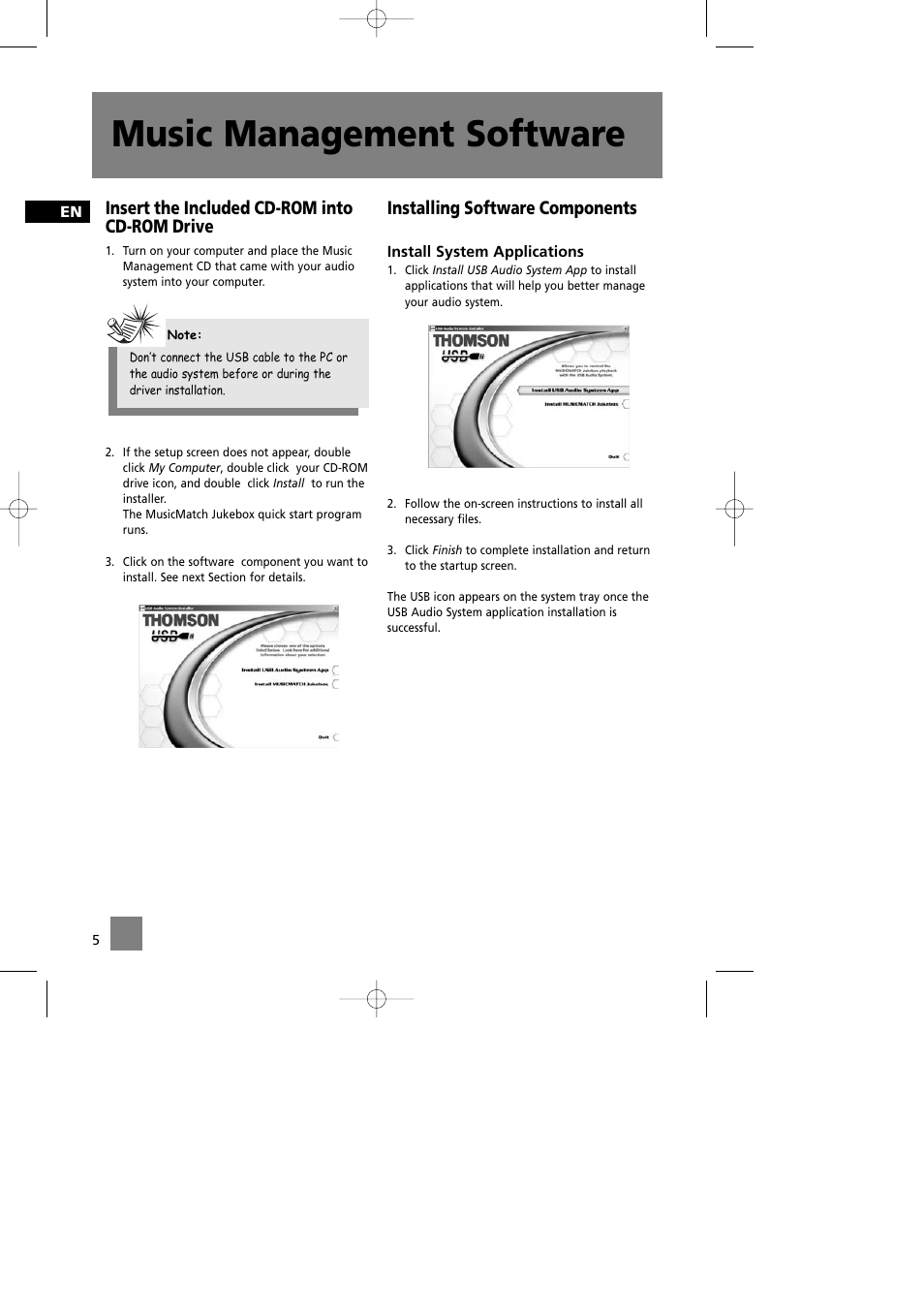 Music management software, Insert the included cd-rom into cd-rom drive, Installing software components | Technicolor - Thomson CS580 User Manual | Page 7 / 34