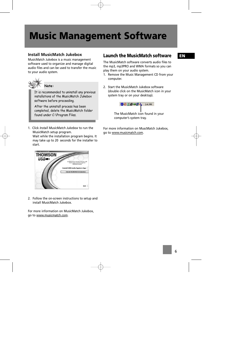 Music management software, Launch the musicmatch software | Technicolor - Thomson CS580 User Manual | Page 8 / 34