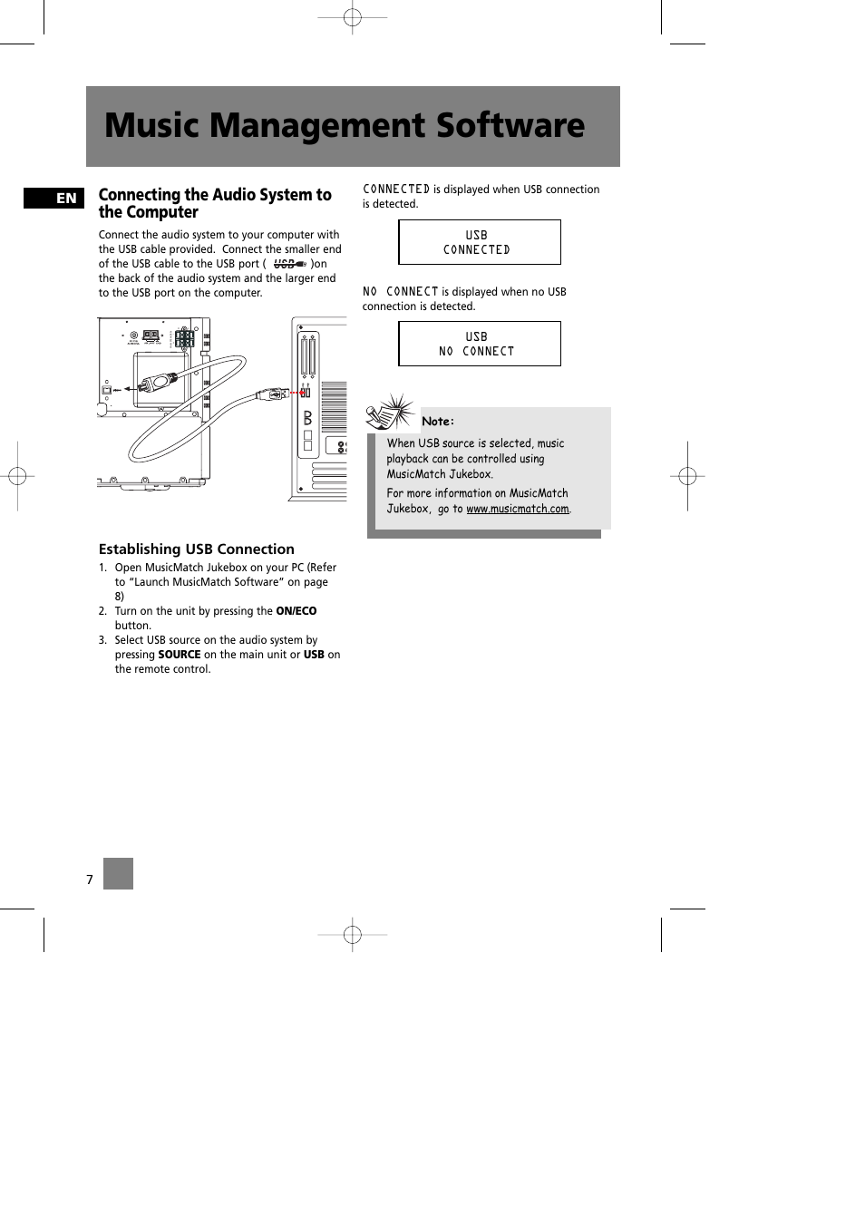 Music management software, Connecting the audio system to the computer, Establishing usb connection | Technicolor - Thomson CS580 User Manual | Page 9 / 34