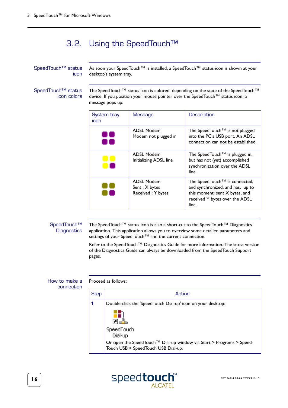 Using the speedtouch, Speedtouch™ status icon, Speedtouch™ status icon colors | Speedtouch™ diagnostics, How to make a connection | Technicolor - Thomson 300 Series User Manual | Page 20 / 46