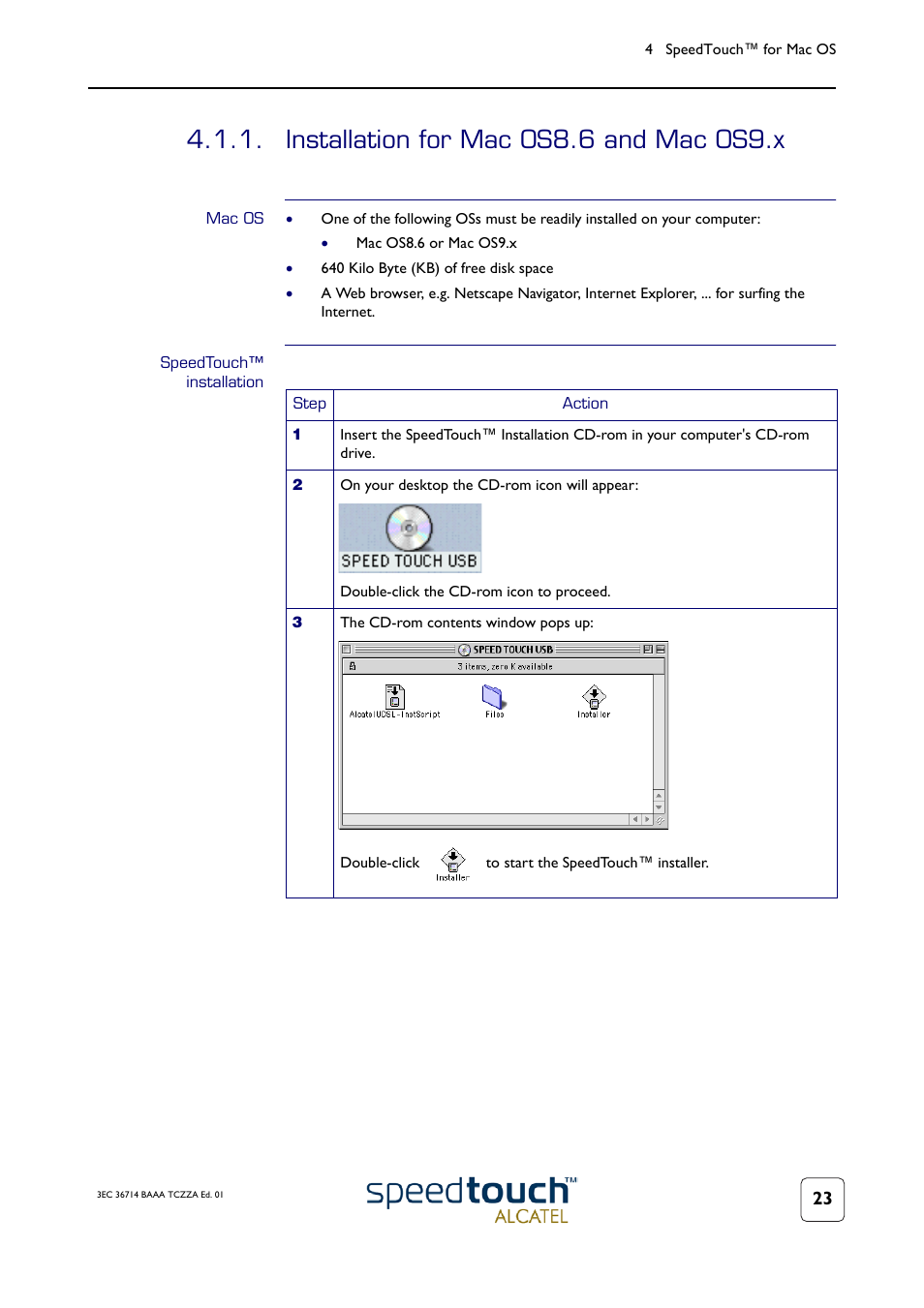 Installation for mac os8.6 and mac os9.x, Mac os, Speedtouch™ installation | Subsection, Installation for mac os8.6 and mac os9.x” on | Technicolor - Thomson 300 Series User Manual | Page 27 / 46