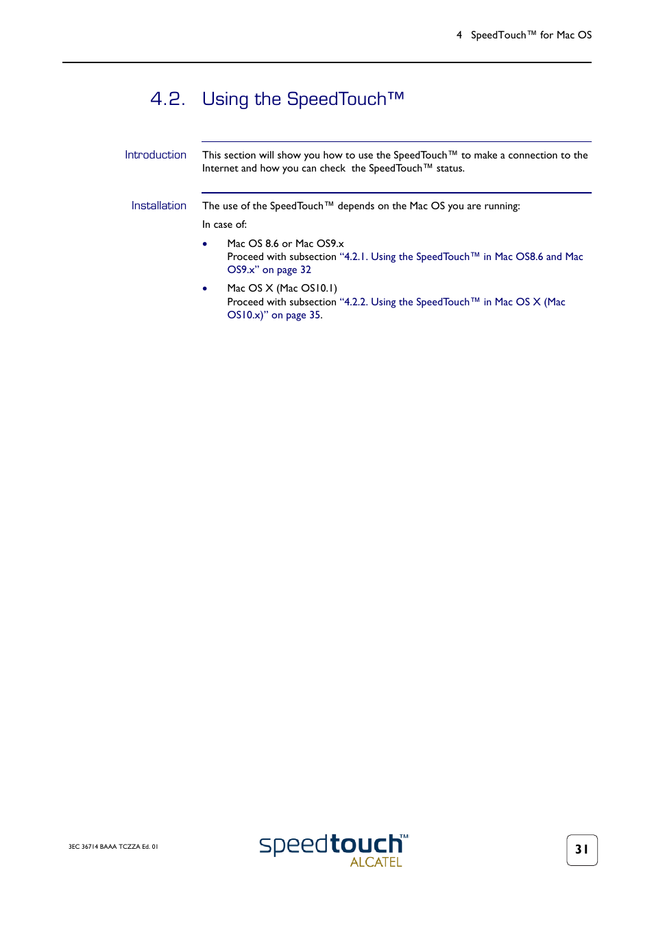 Using the speedtouch, Introduction, Installation | Technicolor - Thomson 300 Series User Manual | Page 35 / 46