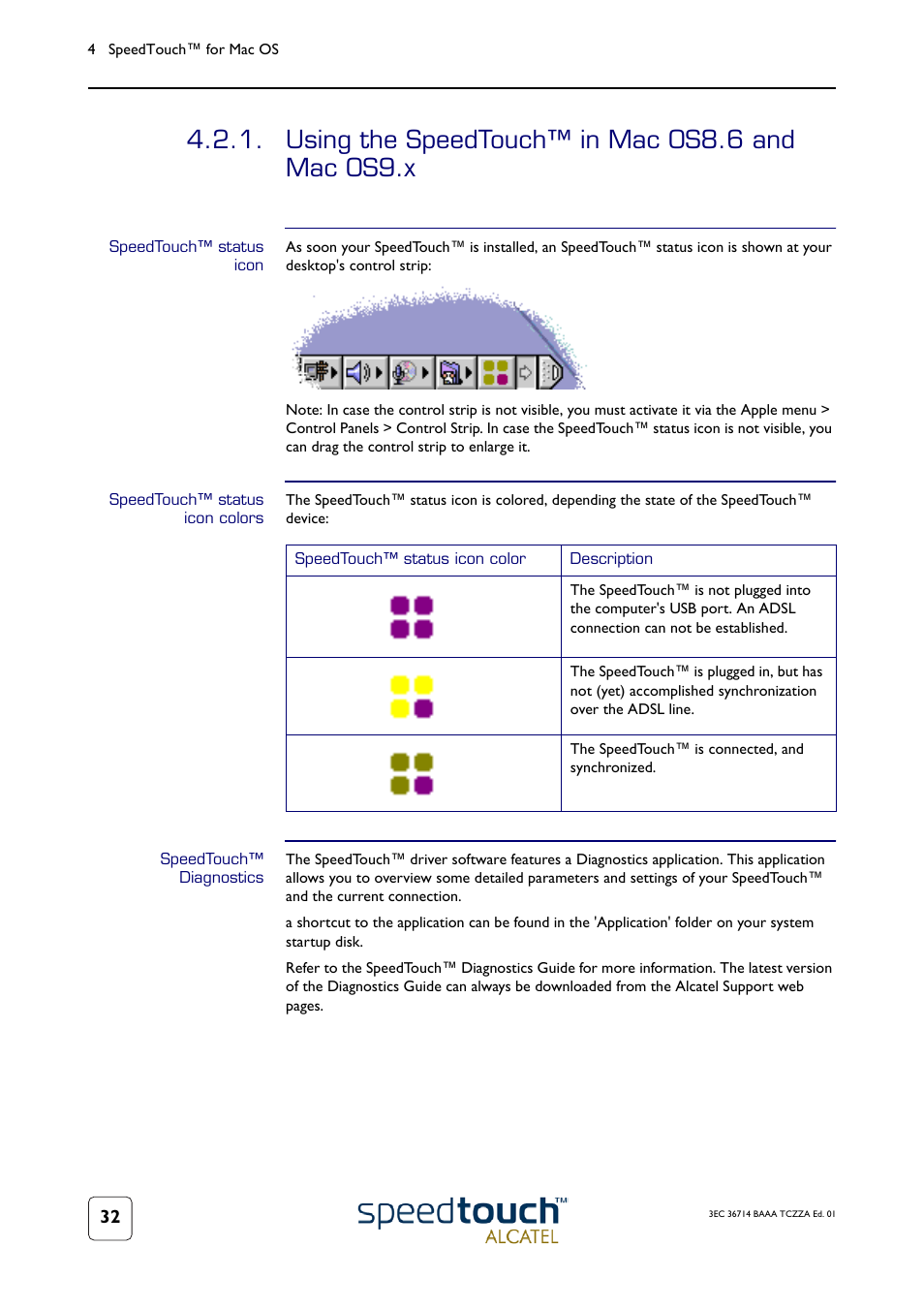 Using the speedtouch™ in mac os8.6 and mac os9.x, Speedtouch™ status icon, Speedtouch™ status icon colors | Speedtouch™ diagnostics, Subsection, Using the speedtouch™ in mac os8.6 and mac | Technicolor - Thomson 300 Series User Manual | Page 36 / 46