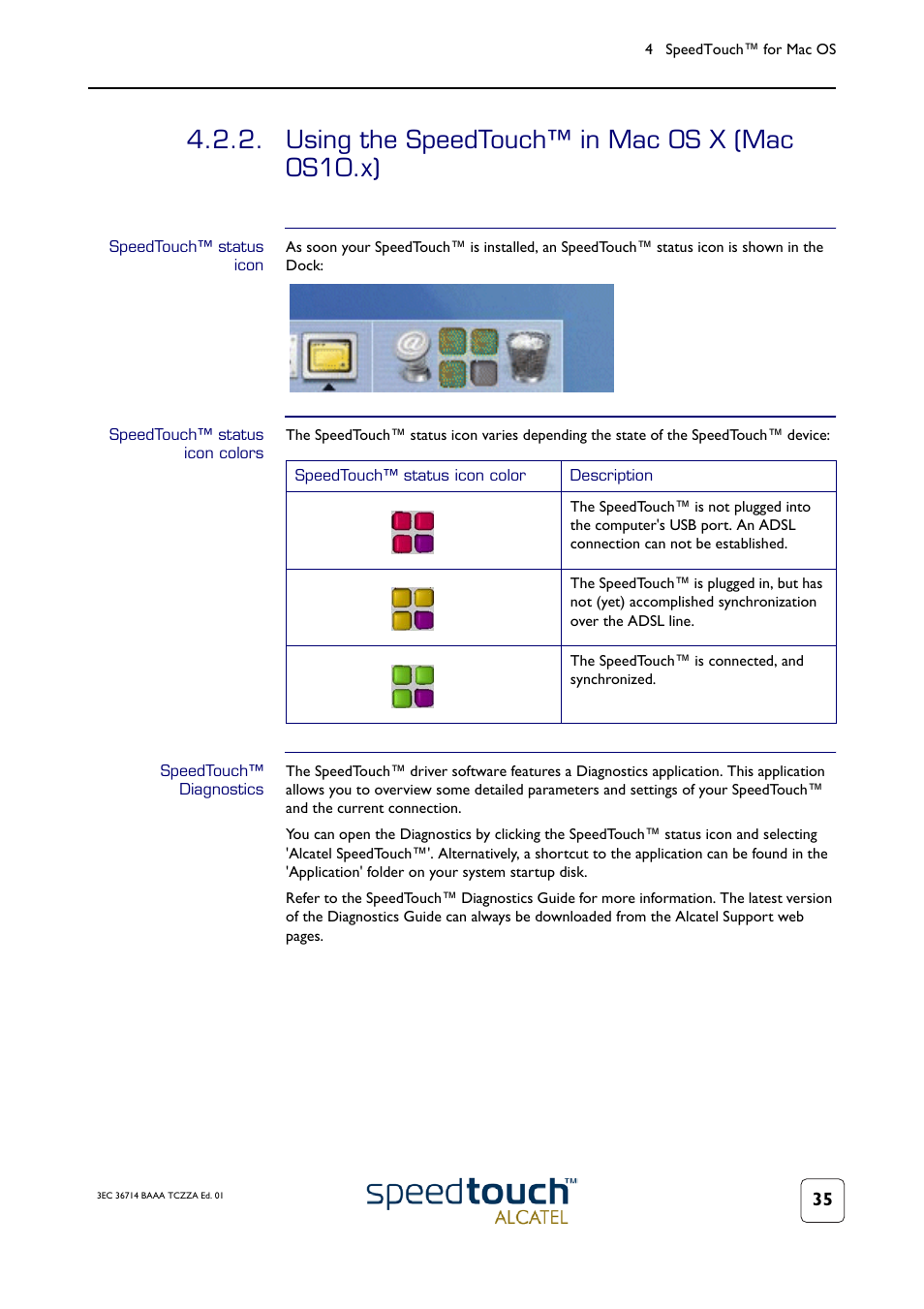 Using the speedtouch™ in mac os x (mac os10.x), Speedtouch™ status icon, Speedtouch™ status icon colors | Speedtouch™ diagnostics, Subsection, Using the speedtouch™ in mac os x (mac | Technicolor - Thomson 300 Series User Manual | Page 39 / 46