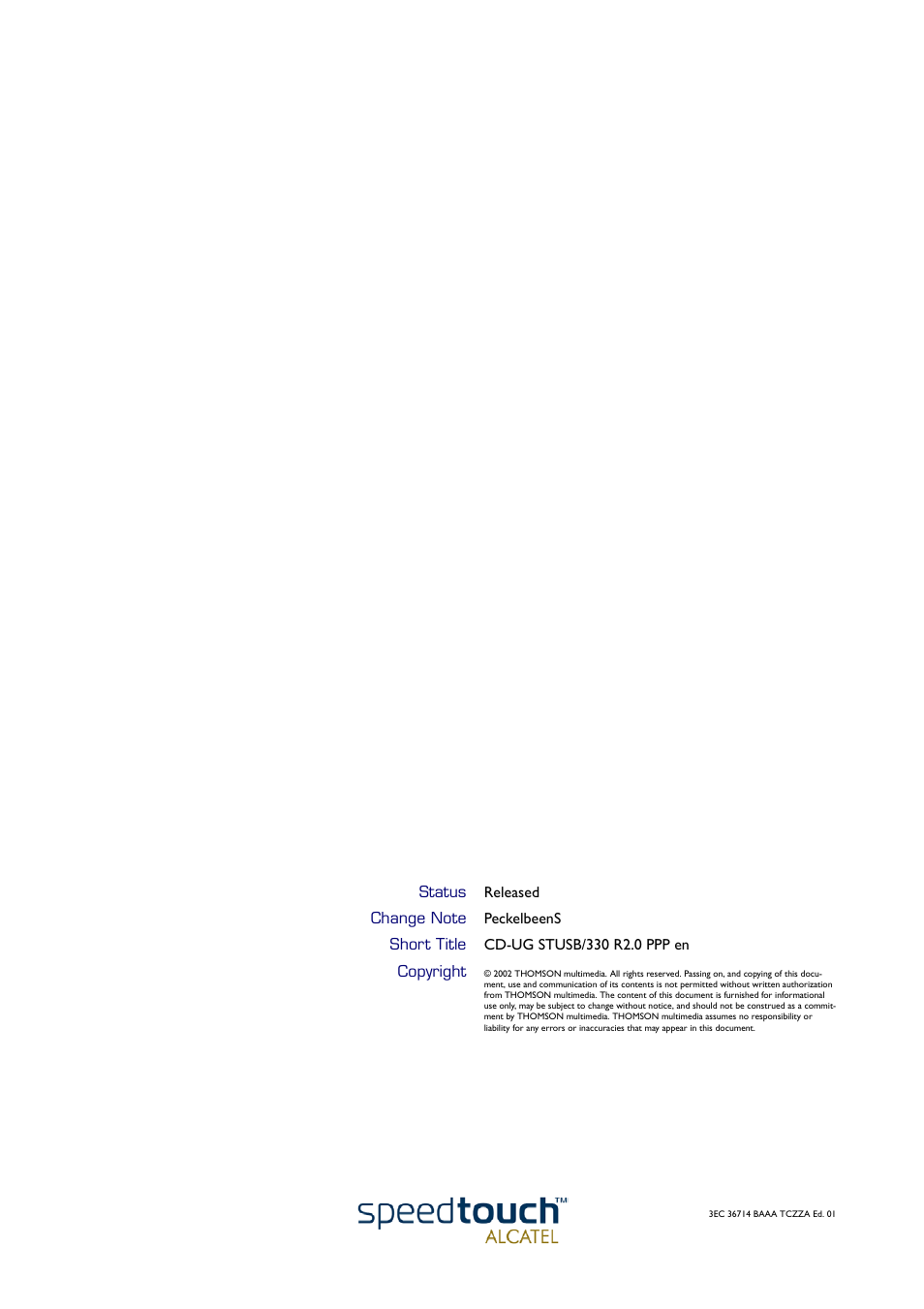 Status, Change note, Short title | Copyright | Technicolor - Thomson 300 Series User Manual | Page 4 / 46