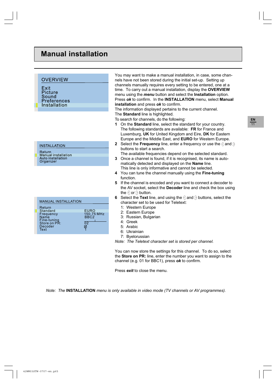 Manual installation | Technicolor - Thomson 42WM03STW-0707 User Manual | Page 11 / 33