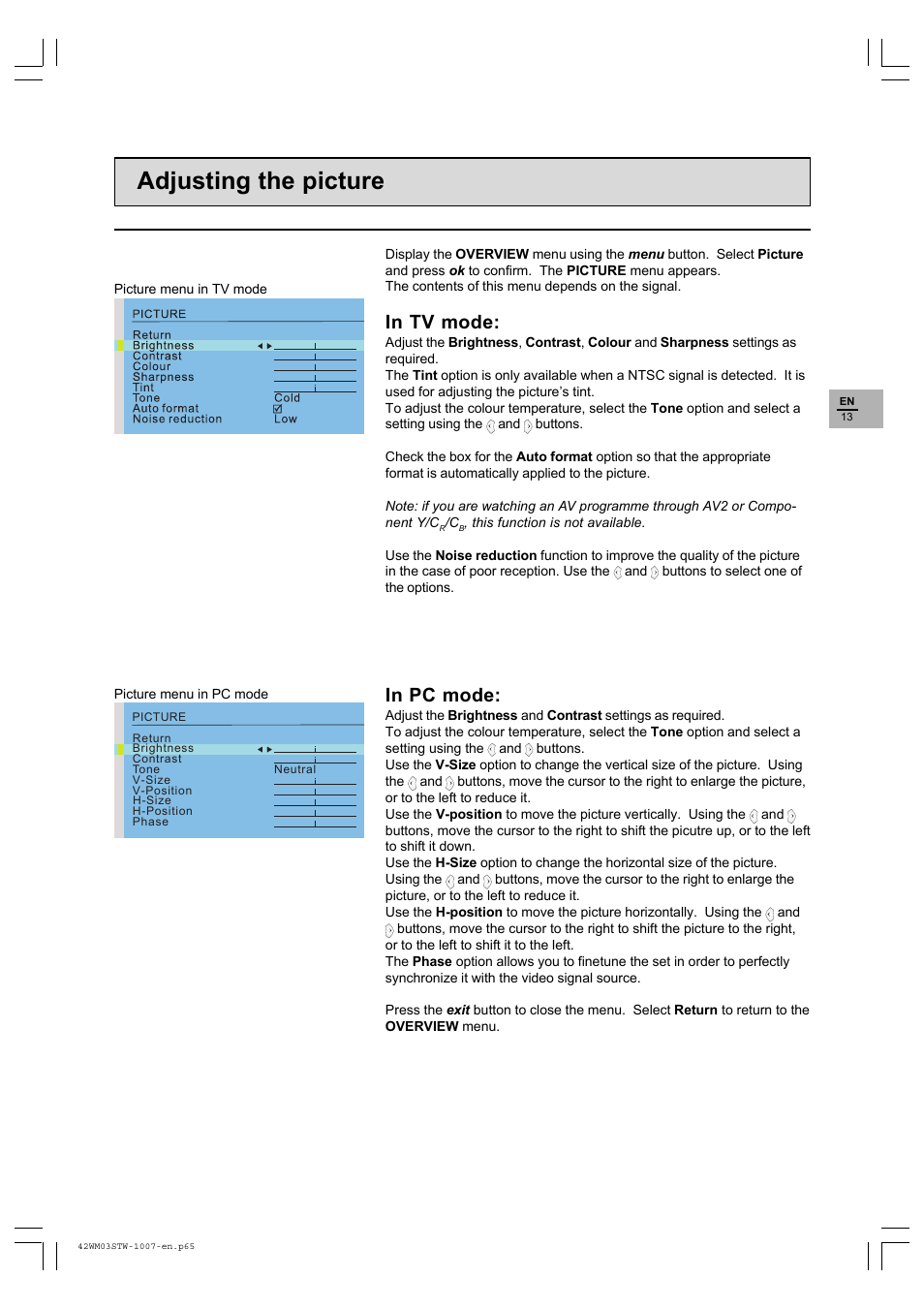Adjusting the picture | Technicolor - Thomson 42WM03STW-0707 User Manual | Page 13 / 33