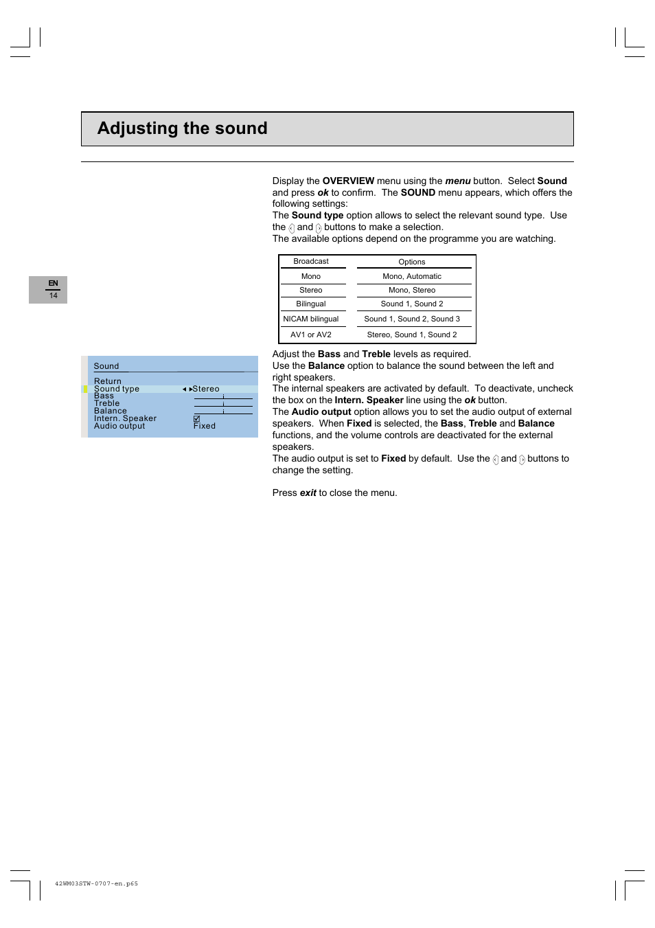 Adjusting the sound | Technicolor - Thomson 42WM03STW-0707 User Manual | Page 14 / 33