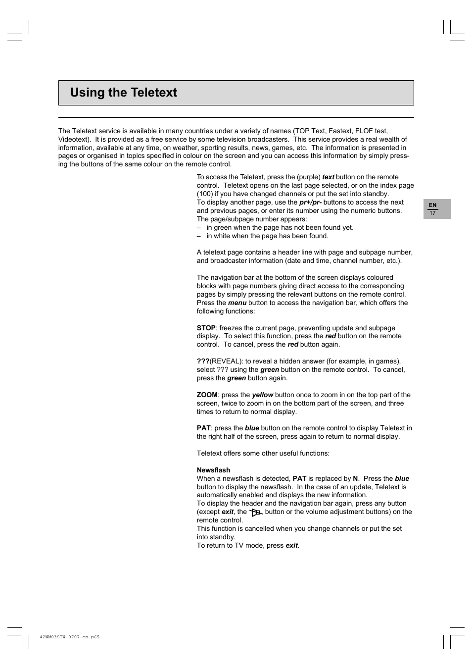 Using the teletext | Technicolor - Thomson 42WM03STW-0707 User Manual | Page 17 / 33