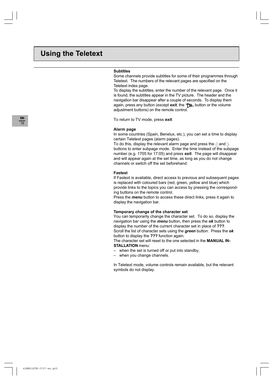 Using the teletext | Technicolor - Thomson 42WM03STW-0707 User Manual | Page 18 / 33