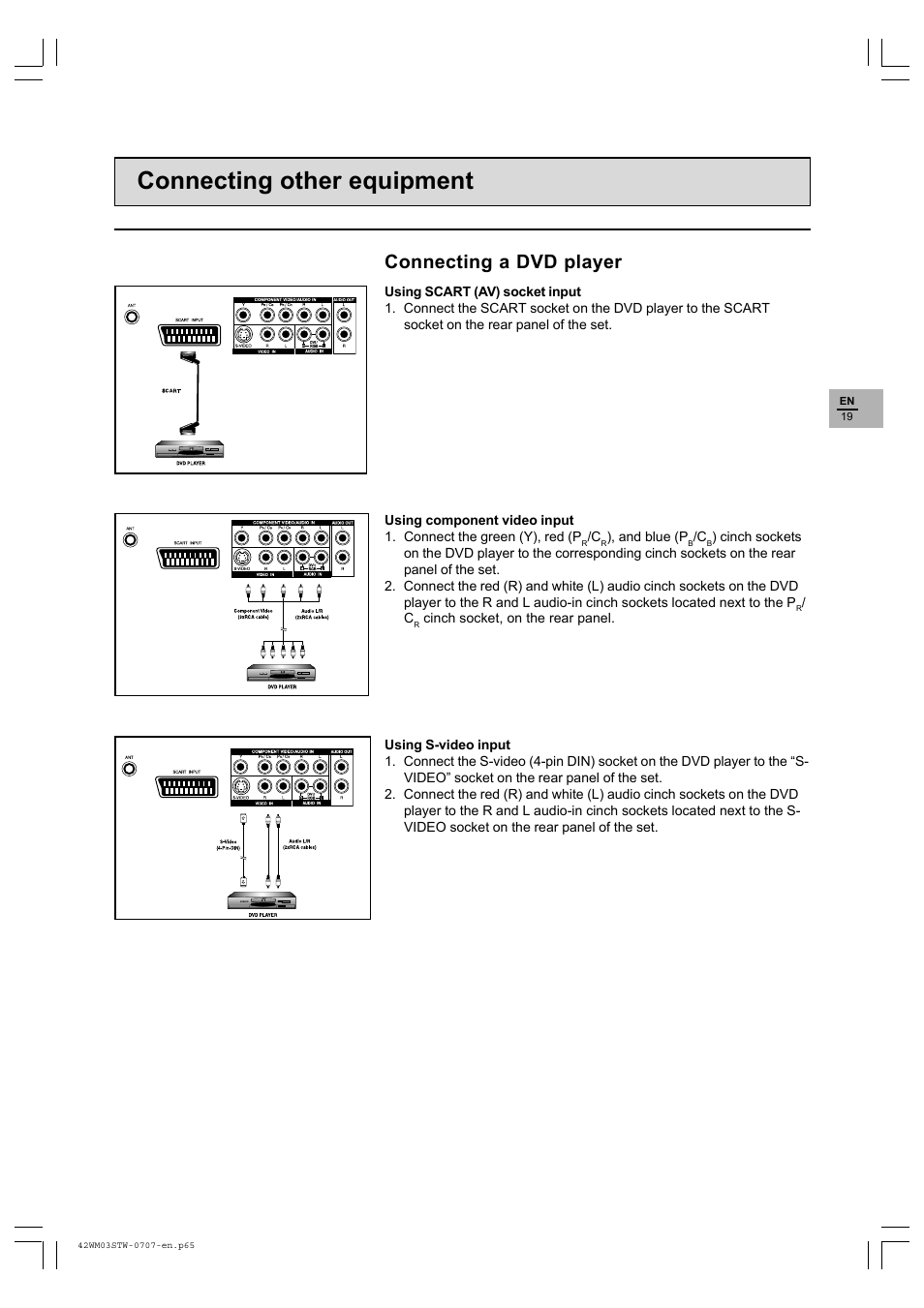 Connecting other equipment, Connecting a dvd player | Technicolor - Thomson 42WM03STW-0707 User Manual | Page 19 / 33