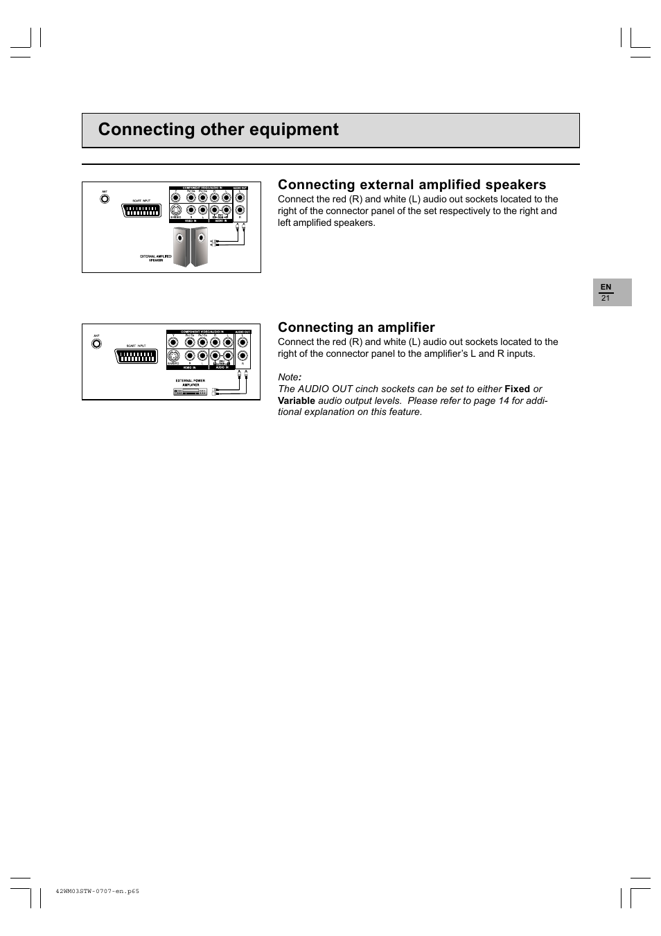 Connecting other equipment, Connecting external amplified speakers, Connecting an amplifier | Technicolor - Thomson 42WM03STW-0707 User Manual | Page 21 / 33