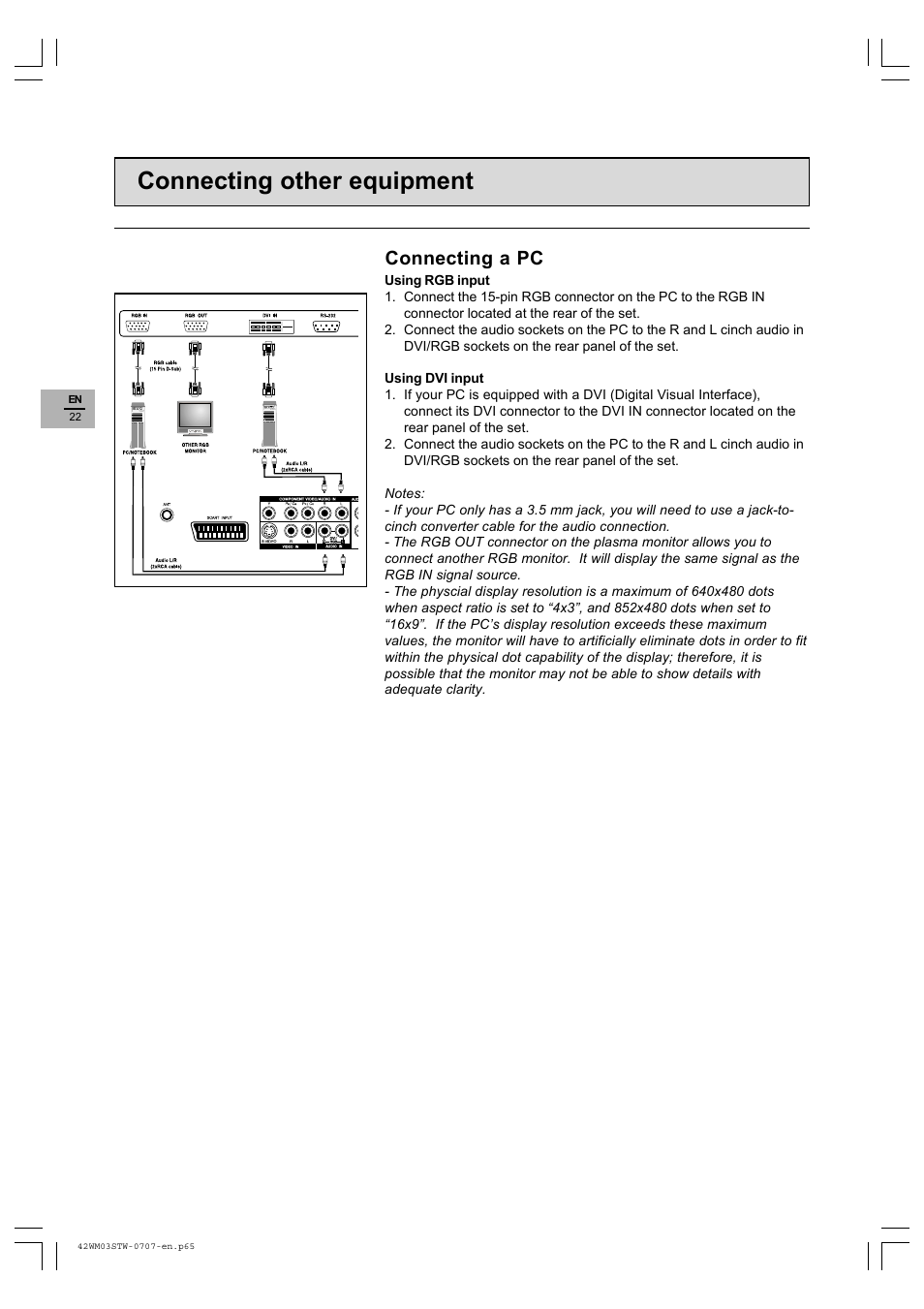 Connecting other equipment, Connecting a pc | Technicolor - Thomson 42WM03STW-0707 User Manual | Page 22 / 33
