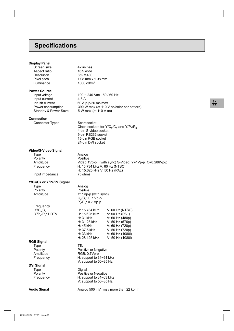 Specifications | Technicolor - Thomson 42WM03STW-0707 User Manual | Page 25 / 33