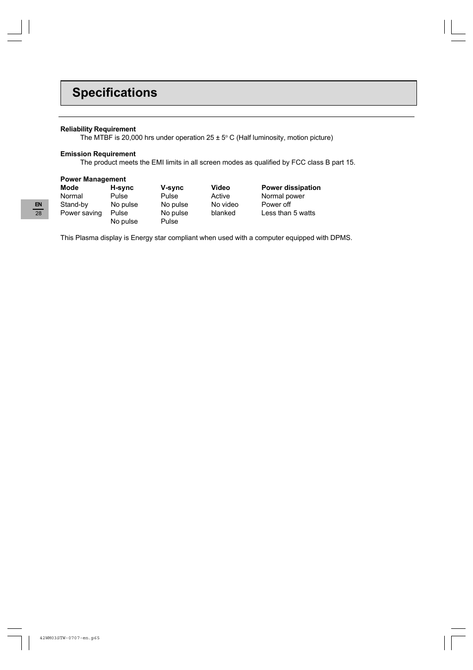 Specifications | Technicolor - Thomson 42WM03STW-0707 User Manual | Page 28 / 33