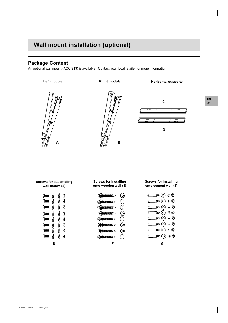 Wall mount installation (optional), Package content | Technicolor - Thomson 42WM03STW-0707 User Manual | Page 31 / 33