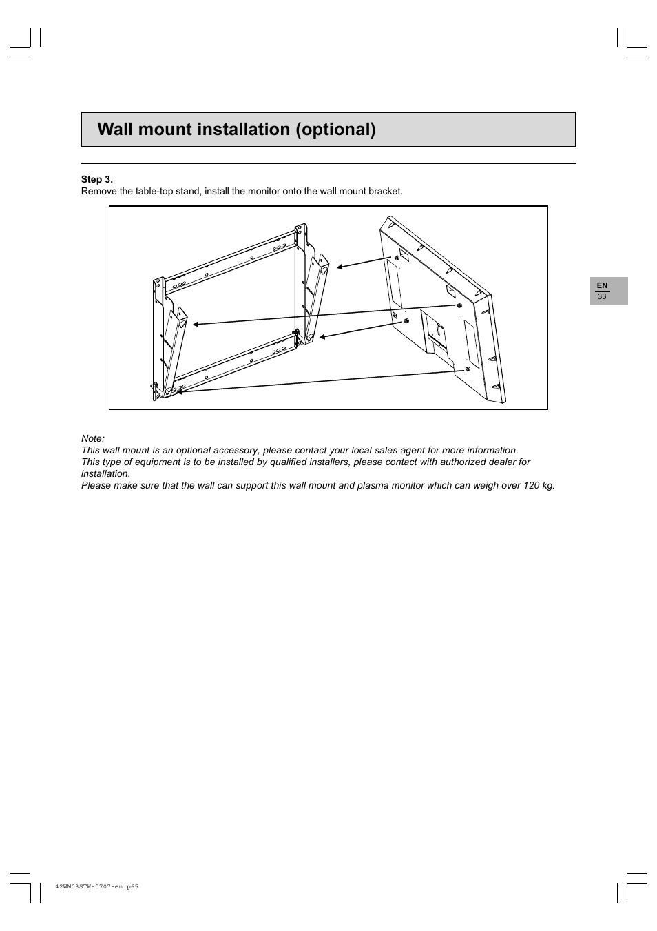 Wall mount installation (optional) | Technicolor - Thomson 42WM03STW-0707 User Manual | Page 33 / 33
