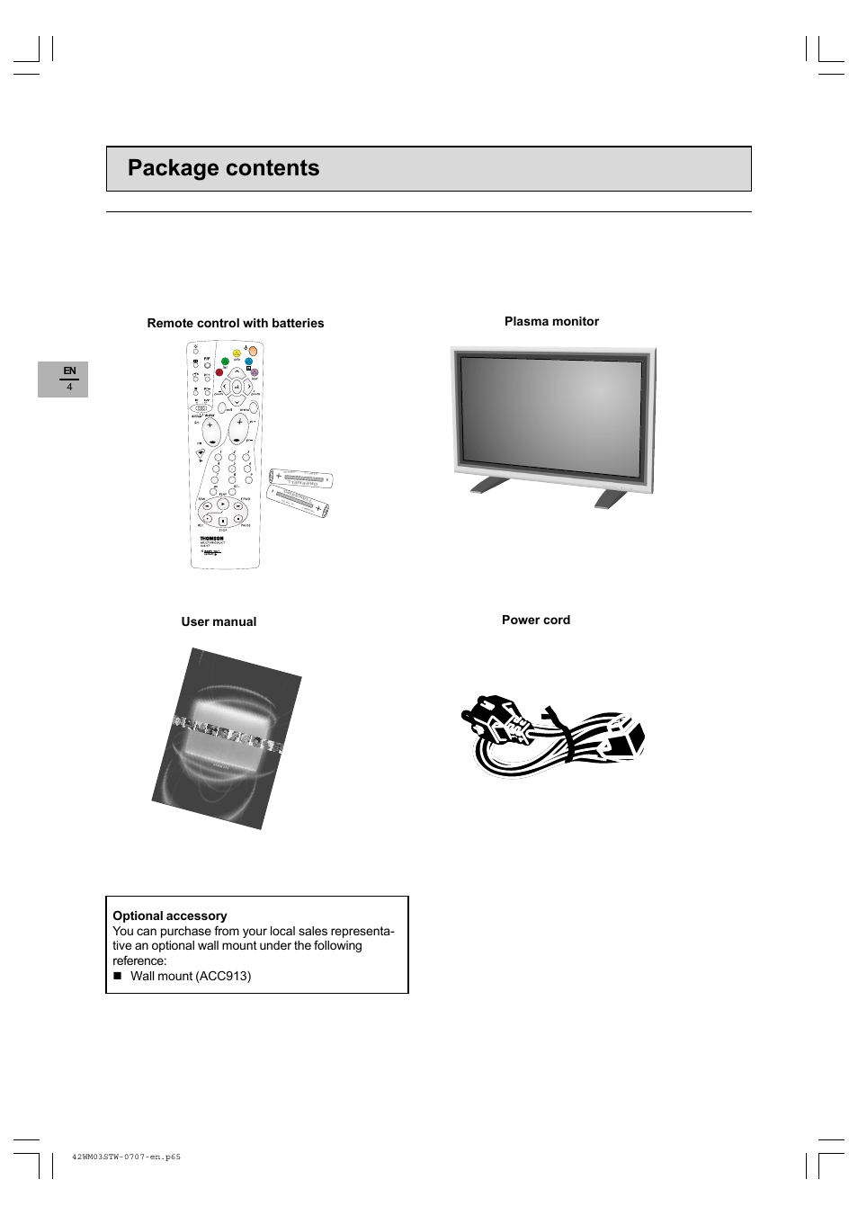 Package contents | Technicolor - Thomson 42WM03STW-0707 User Manual | Page 4 / 33