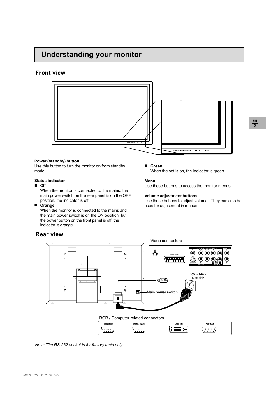 Understanding your monitor, Front view rear view | Technicolor - Thomson 42WM03STW-0707 User Manual | Page 5 / 33