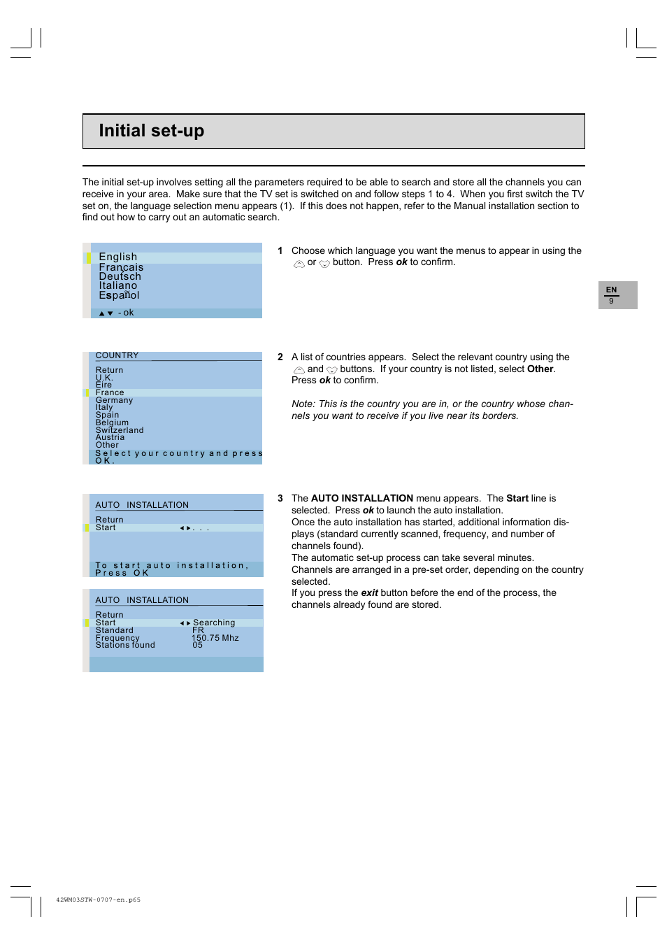 Initial set-up | Technicolor - Thomson 42WM03STW-0707 User Manual | Page 9 / 33