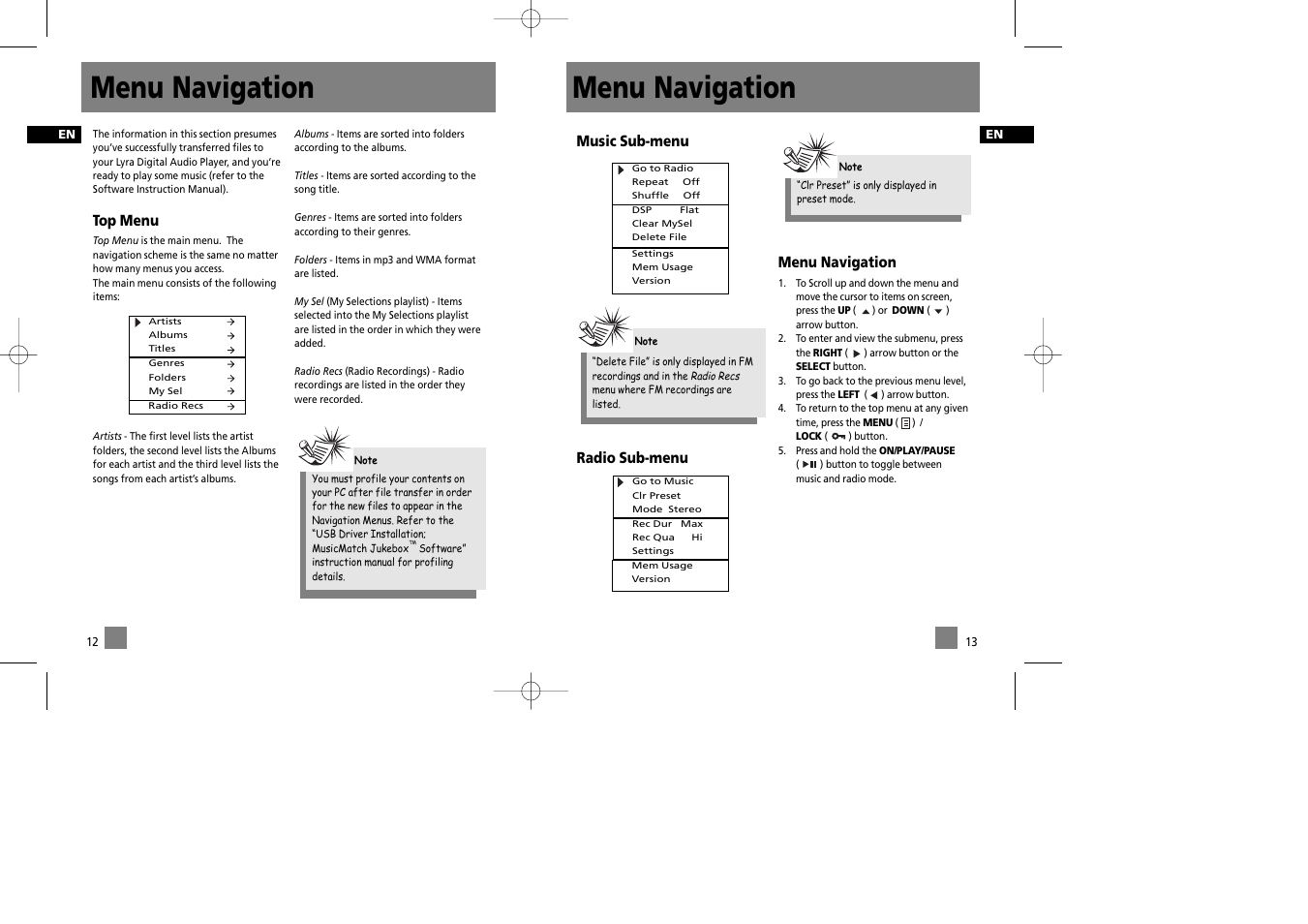Menu navigation, Music sub-menu radio sub-menu menu navigation, Top menu | Technicolor - Thomson Thomson Lyra PDP2335 User Manual | Page 11 / 17