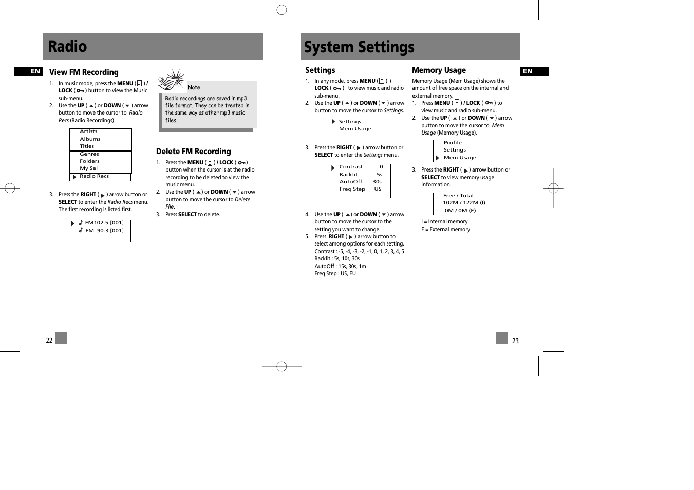 System settings, Radio, Settings | View fm recording, Delete fm recording | Technicolor - Thomson Thomson Lyra PDP2335 User Manual | Page 16 / 17