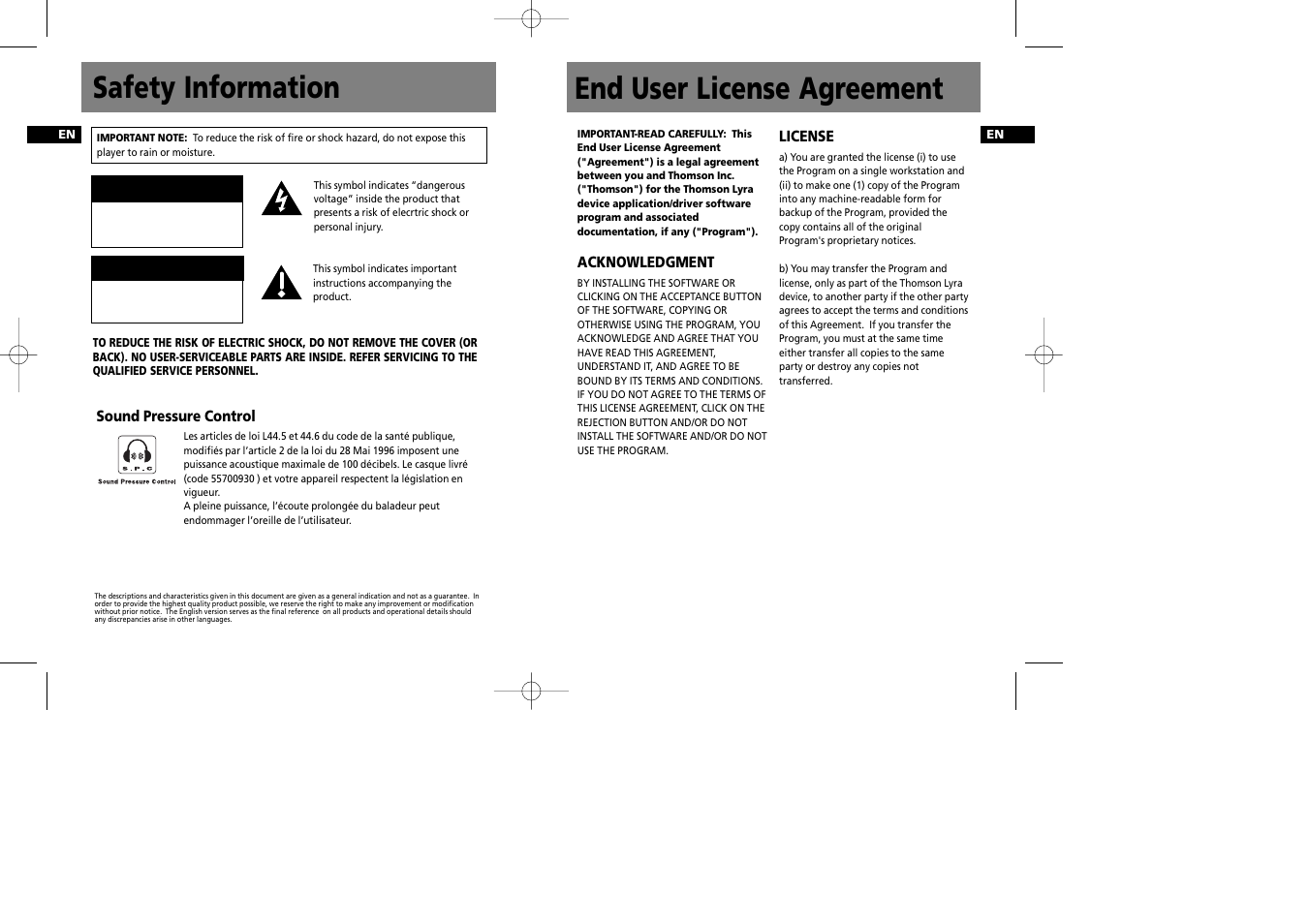 End user license agreement, Safety information, Caution attention | Technicolor - Thomson Thomson Lyra PDP2335 User Manual | Page 2 / 17