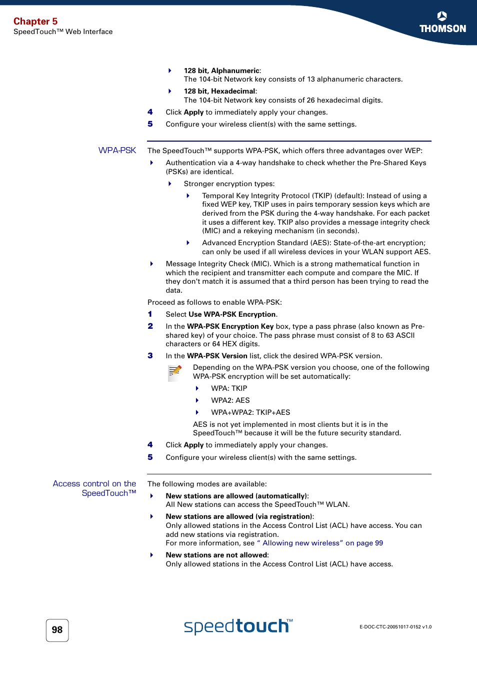 Wpa-psk, Access control on the speedtouch, Chapter 5 | Technicolor - Thomson SpeedTouch 706 (WL) User Manual | Page 106 / 122