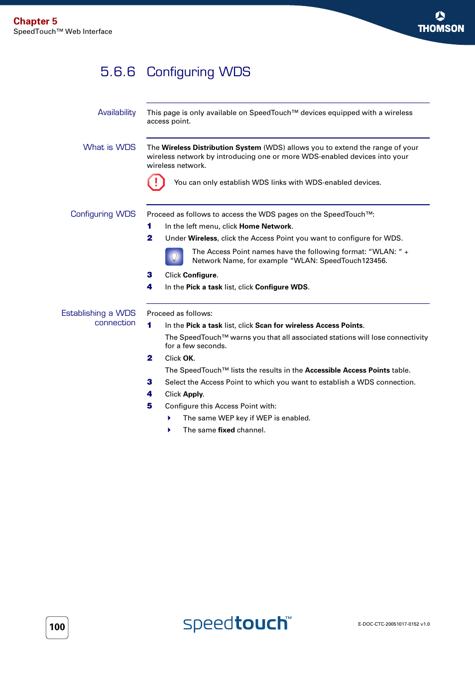 6 configuring wds, Availability, What is wds | Configuring wds, Establishing a wds connection, Chapter 5 | Technicolor - Thomson SpeedTouch 706 (WL) User Manual | Page 108 / 122