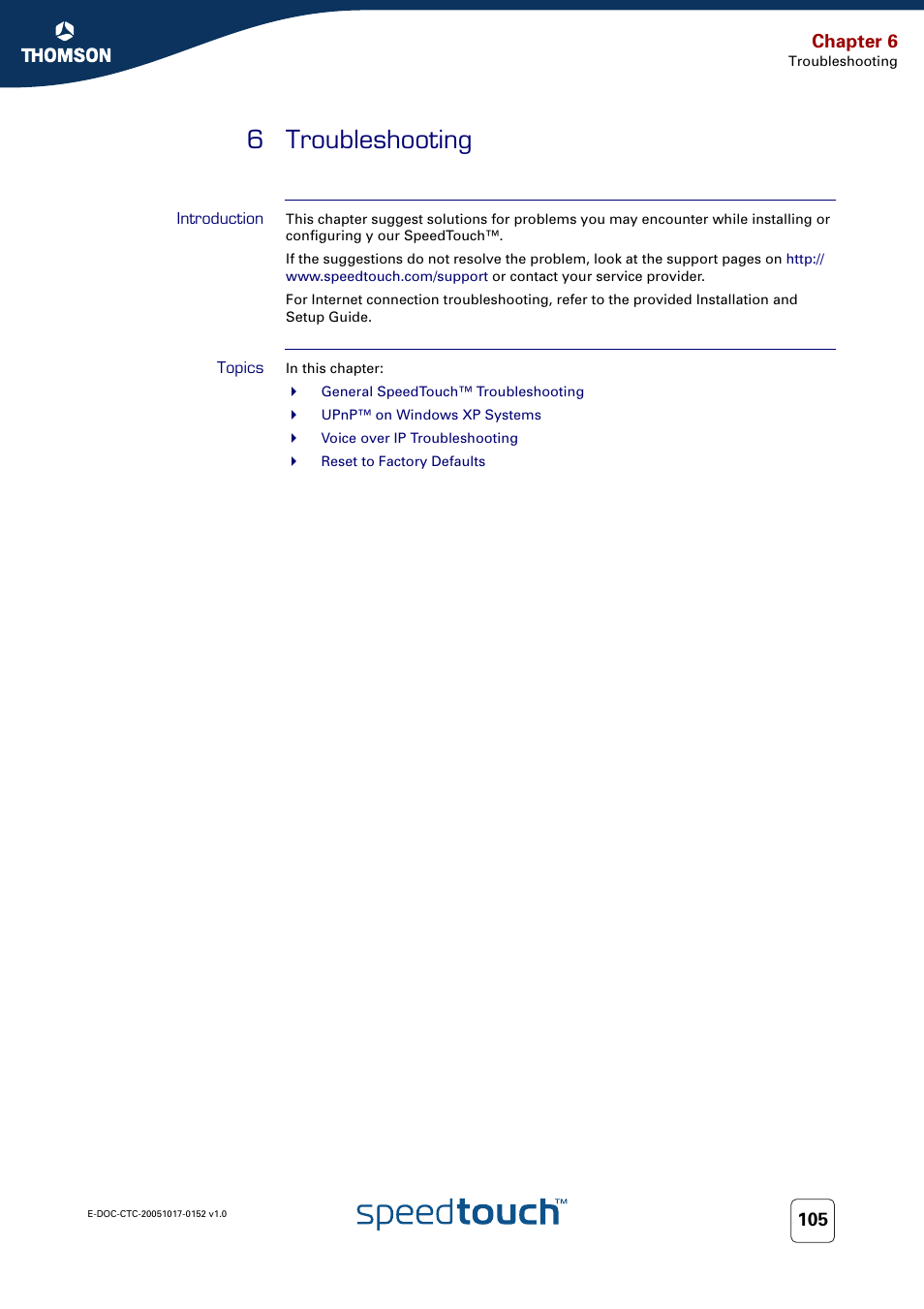 6 troubleshooting, Introduction, Topics | Troubleshooting, Chapter 6 | Technicolor - Thomson SpeedTouch 706 (WL) User Manual | Page 113 / 122
