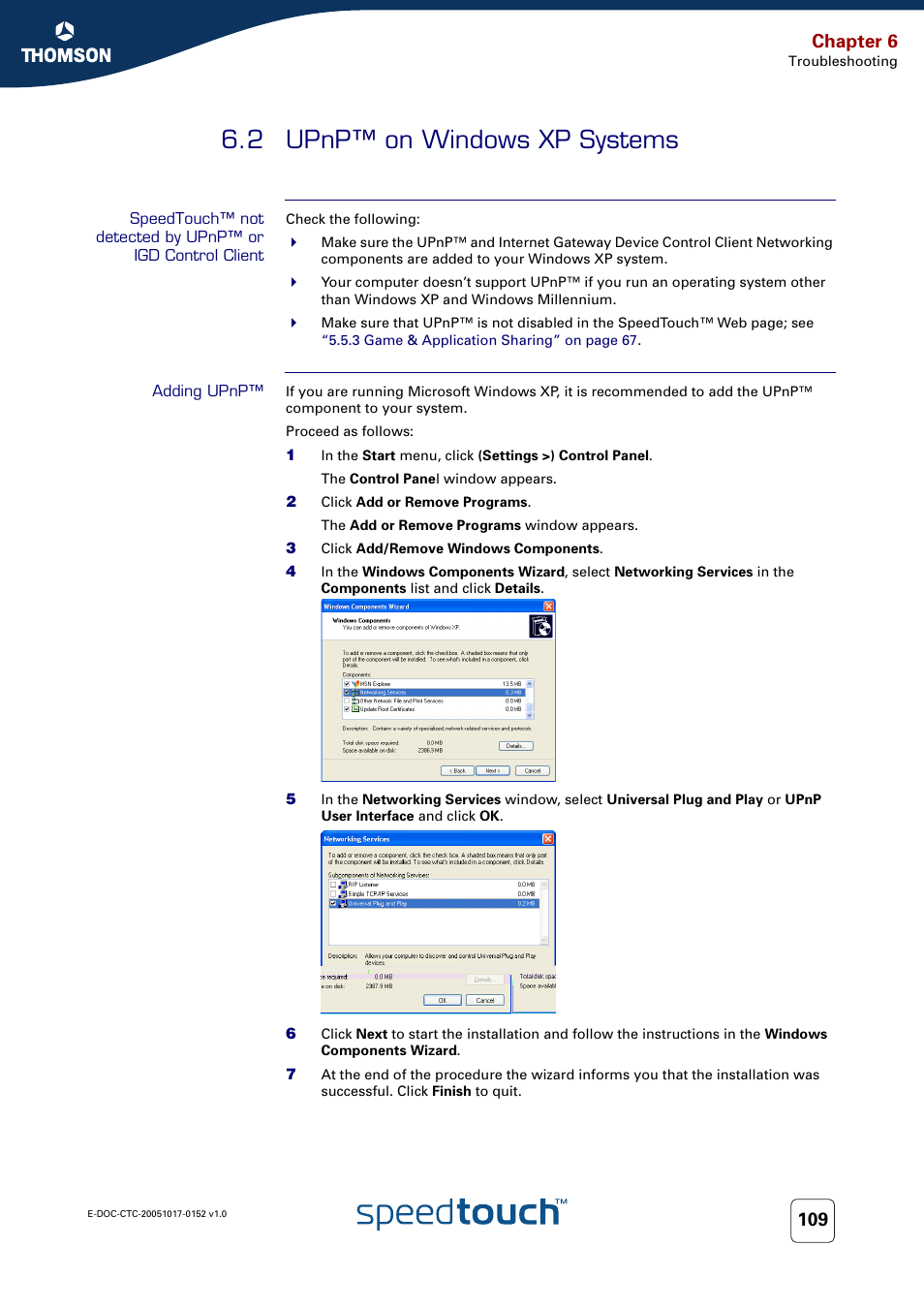 2 upnp™ on windows xp systems, Adding upnp, Upnp™ on windows xp systems | Upnp™ (see, Speedtouch™ not detected by upnp™ or igd control, Chapter 6 | Technicolor - Thomson SpeedTouch 706 (WL) User Manual | Page 117 / 122