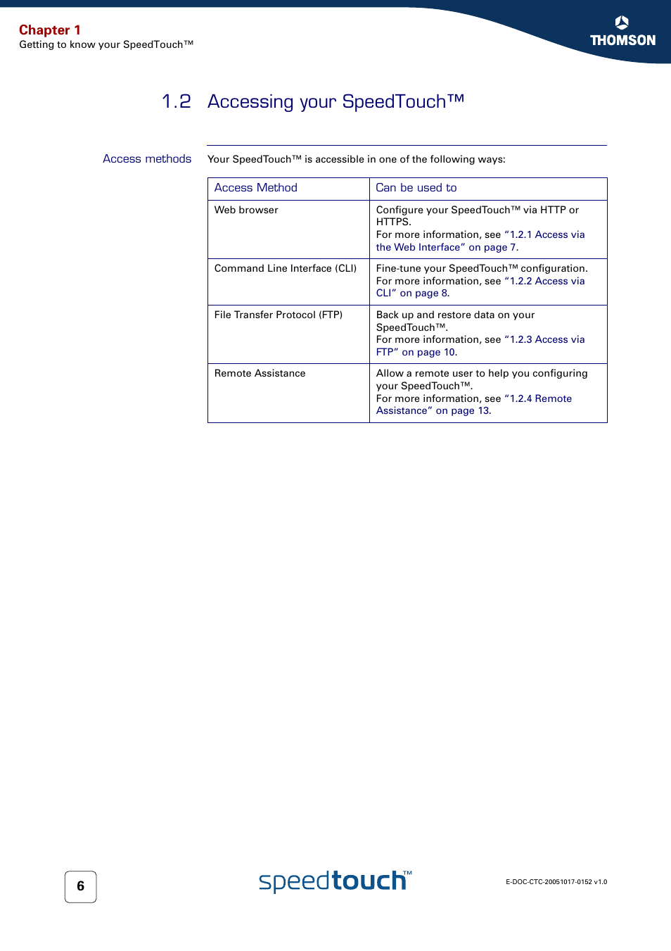 2 accessing your speedtouch, Access methods, Accessing your speedtouch | Chapter 1 | Technicolor - Thomson SpeedTouch 706 (WL) User Manual | Page 14 / 122