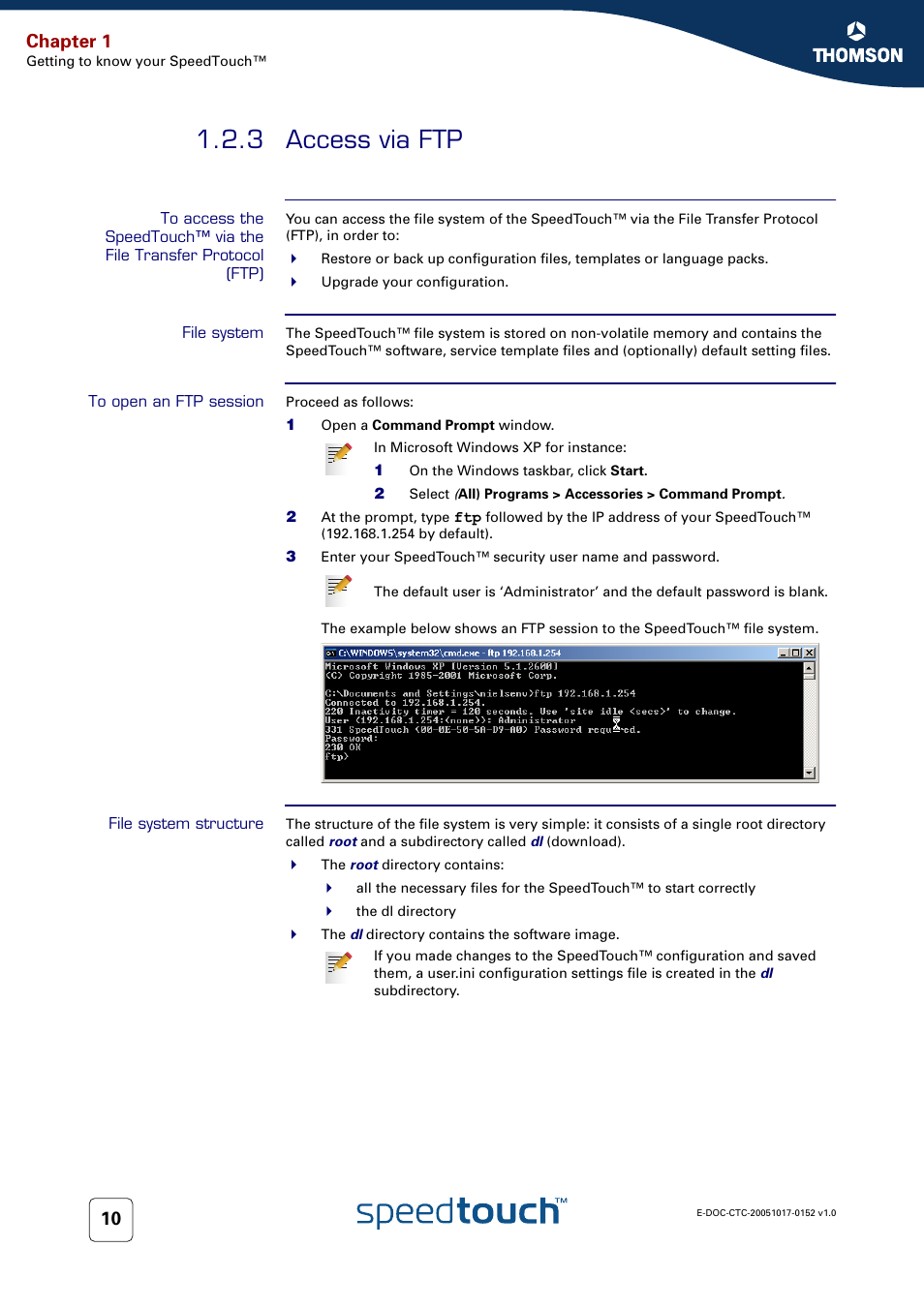 3 access via ftp, File system, To open an ftp session | File system structure, Access via ftp, 3 access via, Chapter 1 | Technicolor - Thomson SpeedTouch 706 (WL) User Manual | Page 18 / 122