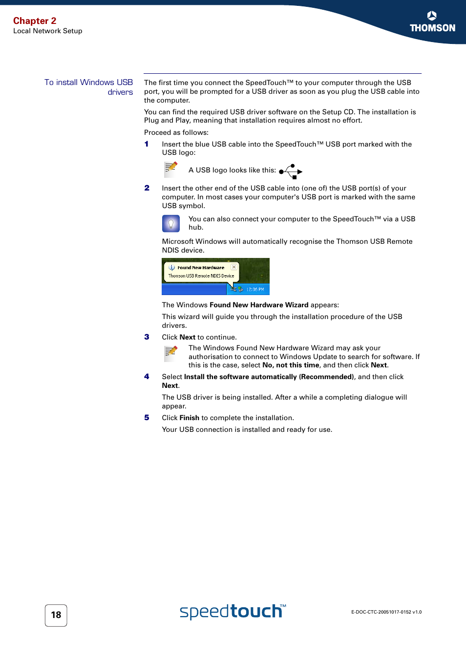 To install windows usb drivers, Chapter 2 | Technicolor - Thomson SpeedTouch 706 (WL) User Manual | Page 26 / 122