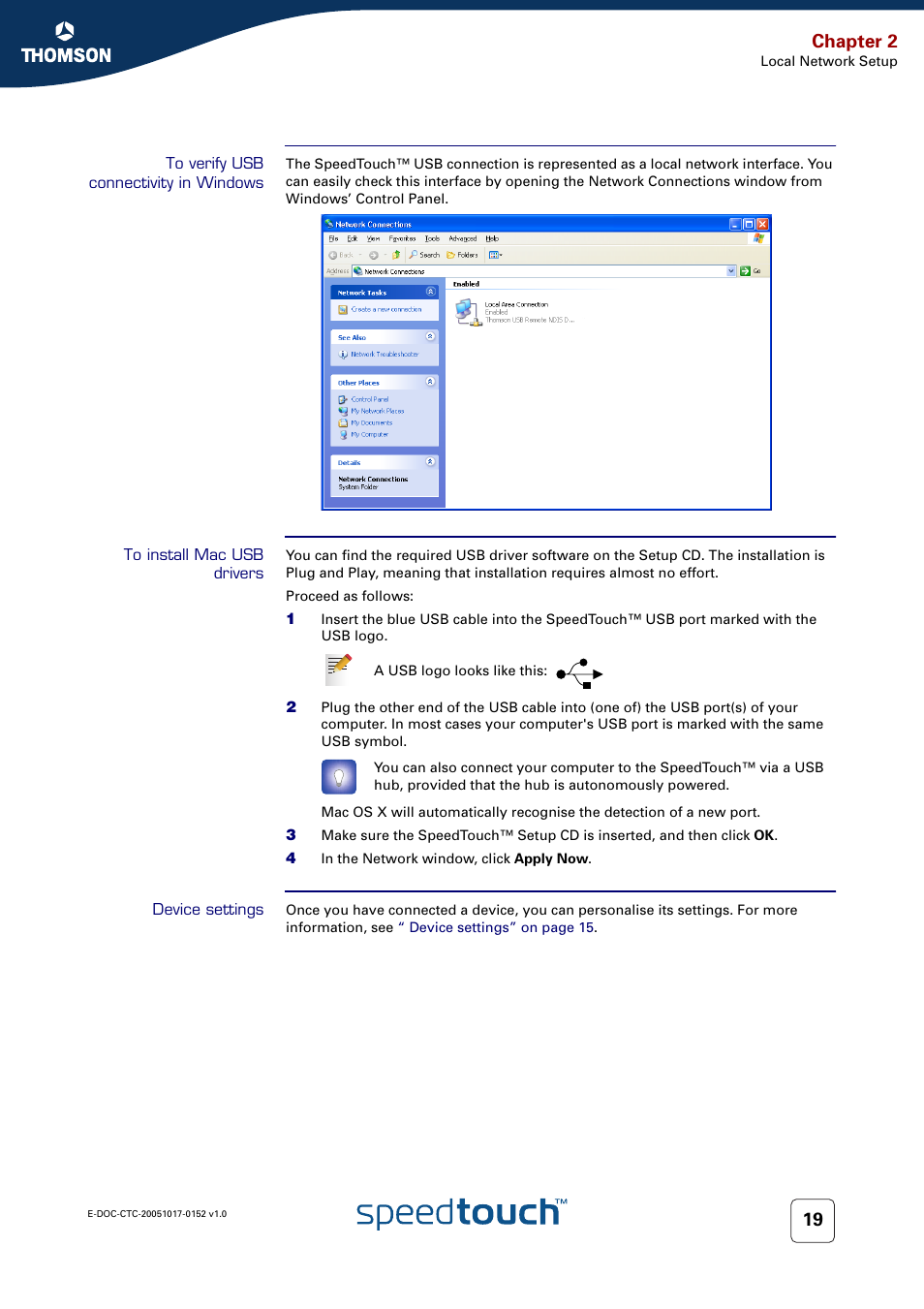 To verify usb connectivity in windows, To install mac usb drivers, Device settings | Chapter 2 | Technicolor - Thomson SpeedTouch 706 (WL) User Manual | Page 27 / 122