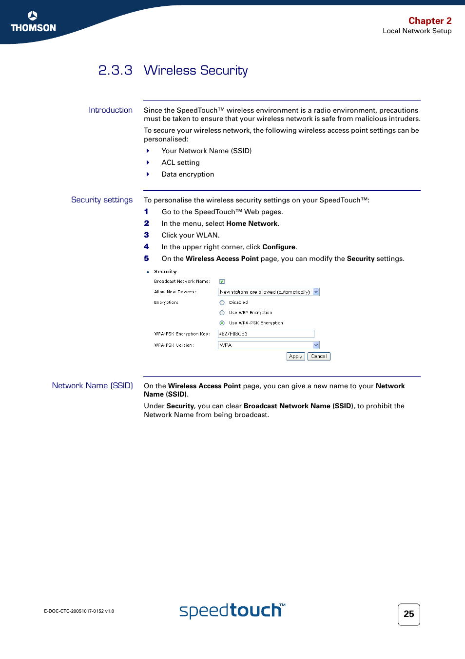 3 wireless security, Introduction, Security settings | Network name (ssid), Wireless security, Chapter 2 | Technicolor - Thomson SpeedTouch 706 (WL) User Manual | Page 33 / 122