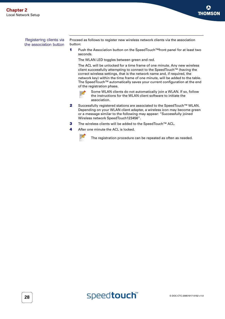 Registering clients via the association button, Chapter 2 | Technicolor - Thomson SpeedTouch 706 (WL) User Manual | Page 36 / 122