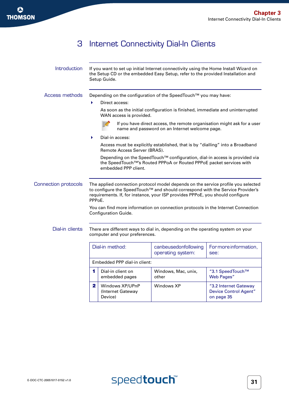 3 internet connectivity dial-in clients, Introduction, Access methods | Connection protocols, Dial-in clients, Internet connectivity dial-in clients, Chapter 3 | Technicolor - Thomson SpeedTouch 706 (WL) User Manual | Page 39 / 122