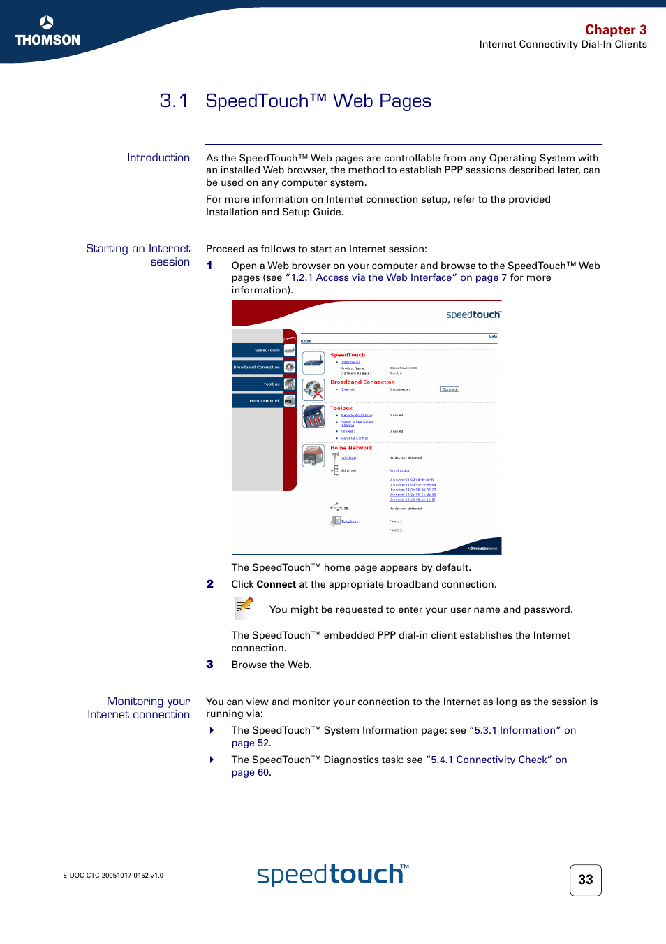 Introduction, Starting an internet session, Monitoring your internet connection | To pr, 1 speedtouch™ web pages, Chapter 3 | Technicolor - Thomson SpeedTouch 706 (WL) User Manual | Page 41 / 122