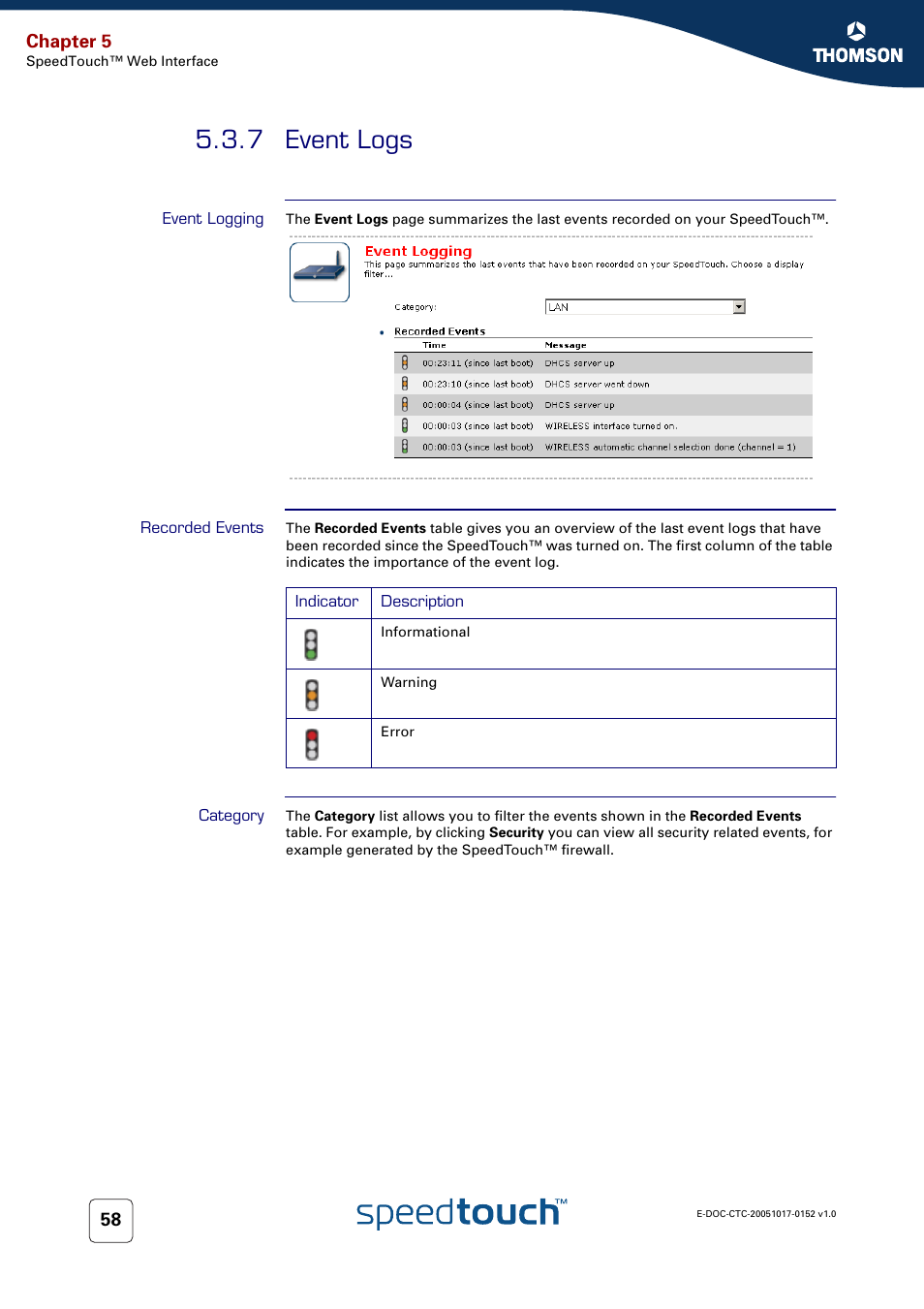 7 event logs, Event logging, Recorded events | Category, Event logs, Chapter 5 | Technicolor - Thomson SpeedTouch 706 (WL) User Manual | Page 66 / 122