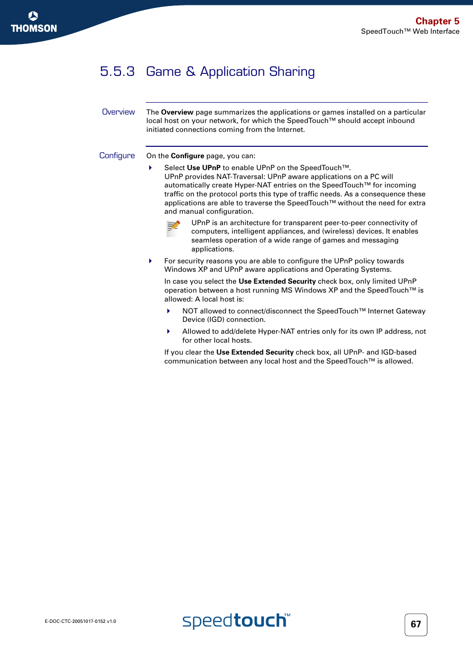 3 game & application sharing, Overview, Configure | Game & application sharing, 3 game, Chapter 5 | Technicolor - Thomson SpeedTouch 706 (WL) User Manual | Page 75 / 122