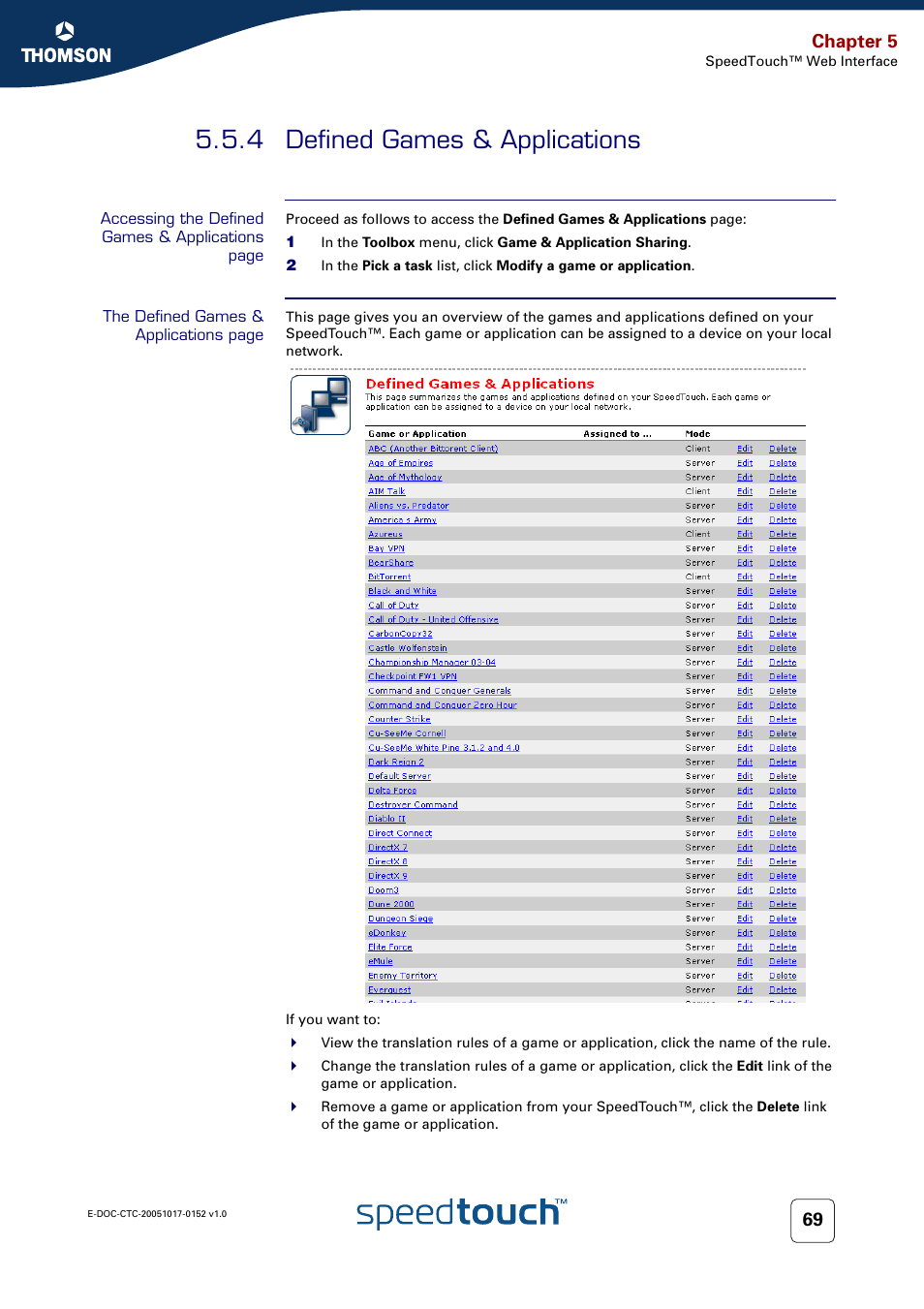 4 defined games & applications, Defined games & applications, Chapter 5 | Technicolor - Thomson SpeedTouch 706 (WL) User Manual | Page 77 / 122