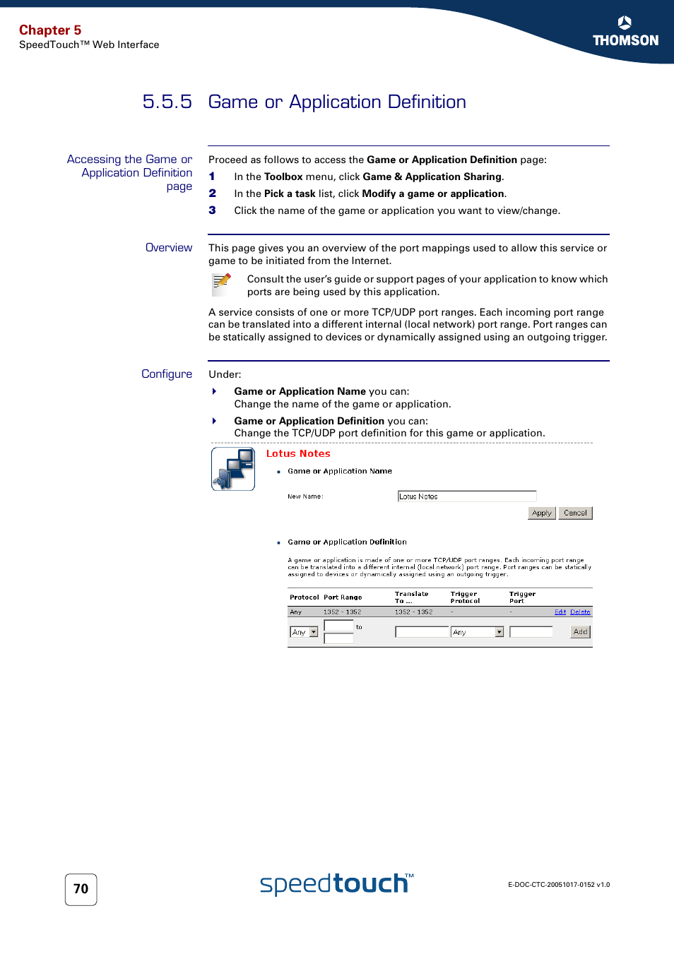 5 game or application definition, Overview, Configure | Game or application definition, Chapter 5 | Technicolor - Thomson SpeedTouch 706 (WL) User Manual | Page 78 / 122